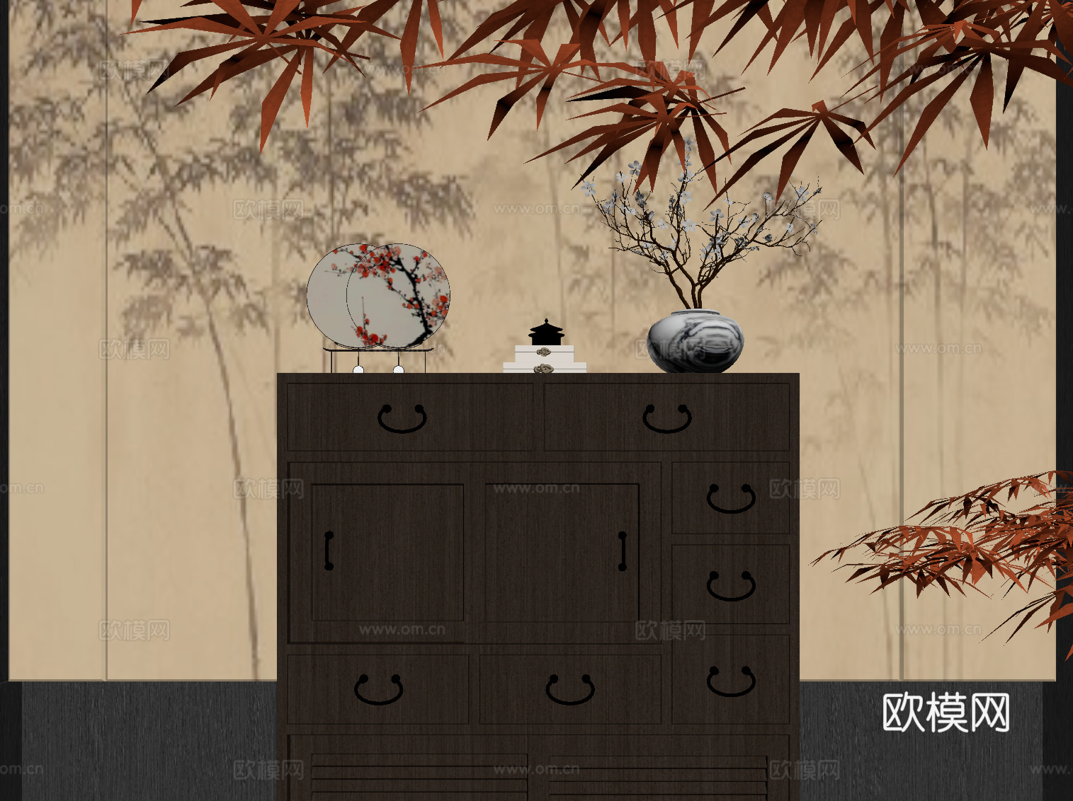 新中式储物柜 边柜su模型