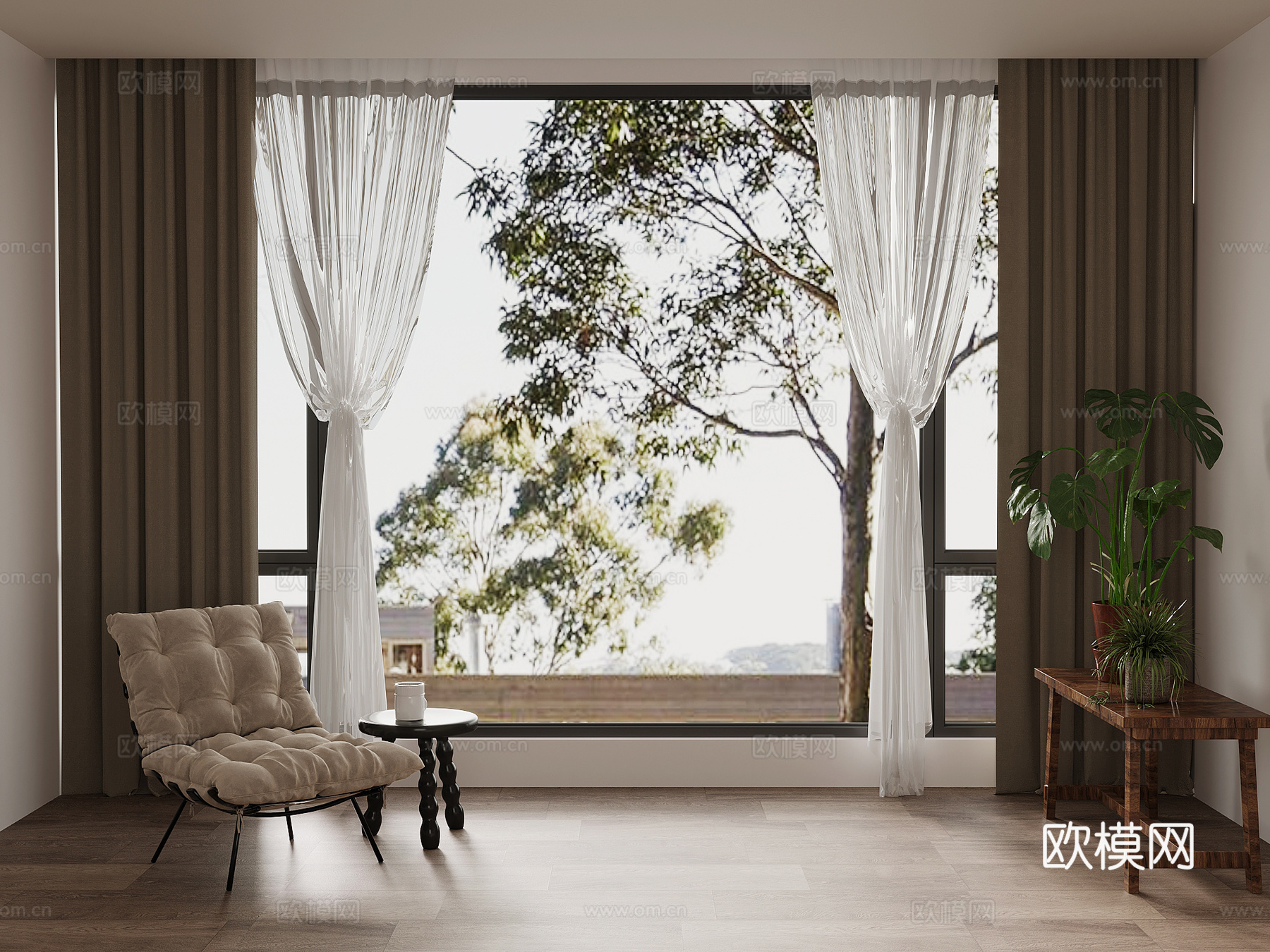 现代窗帘 休闲椅 绿植3d模型下载