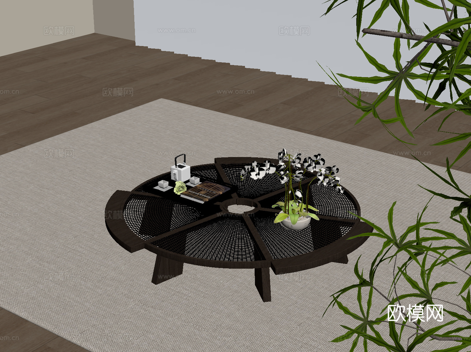 新中式茶几 圆形茶几su模型