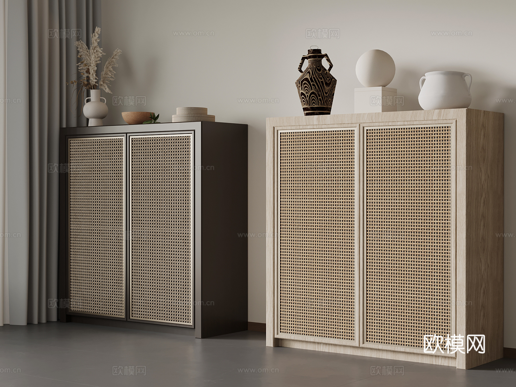 新中式储物柜 装饰柜 边柜su模型