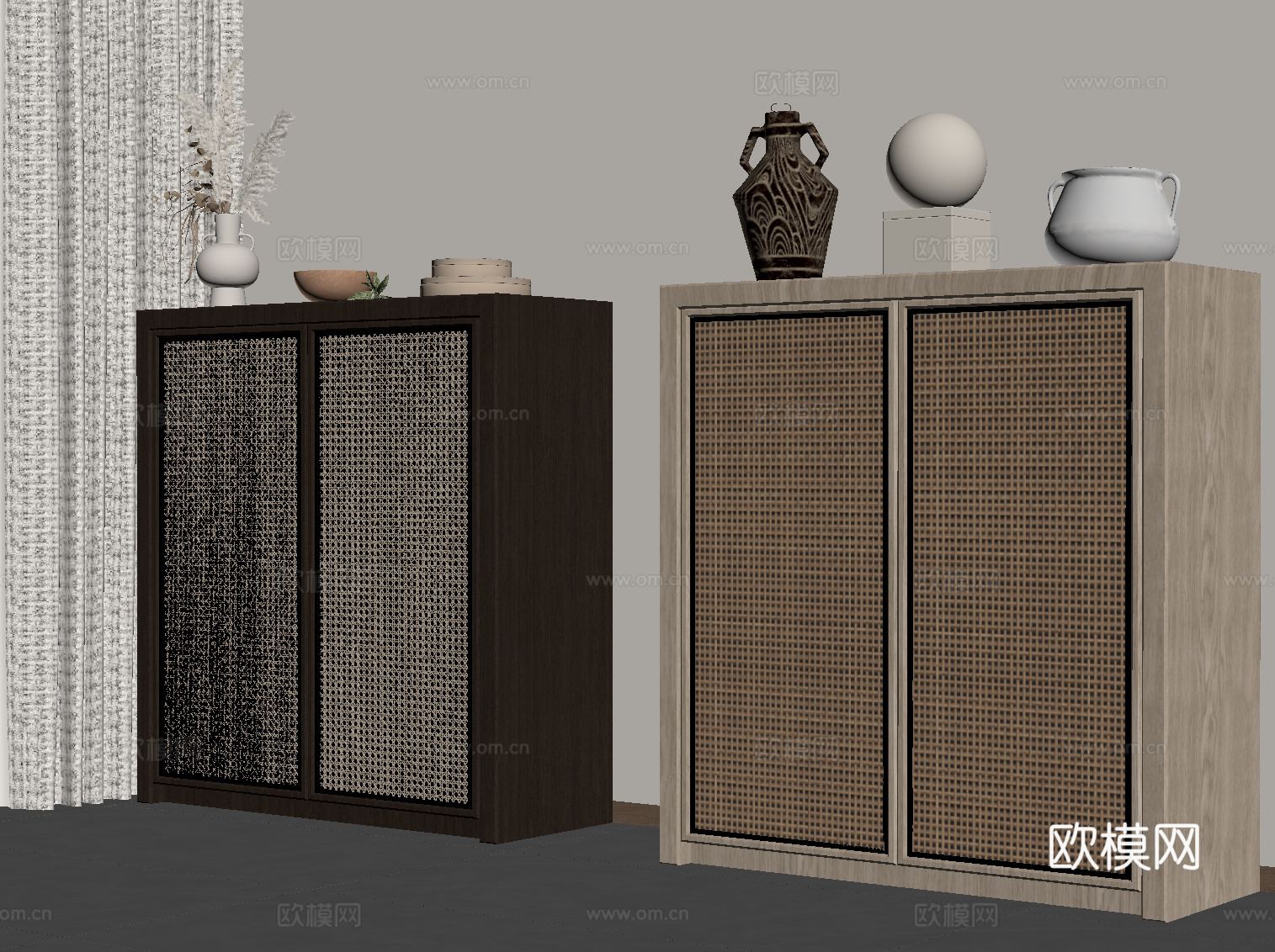新中式储物柜 装饰柜 边柜su模型