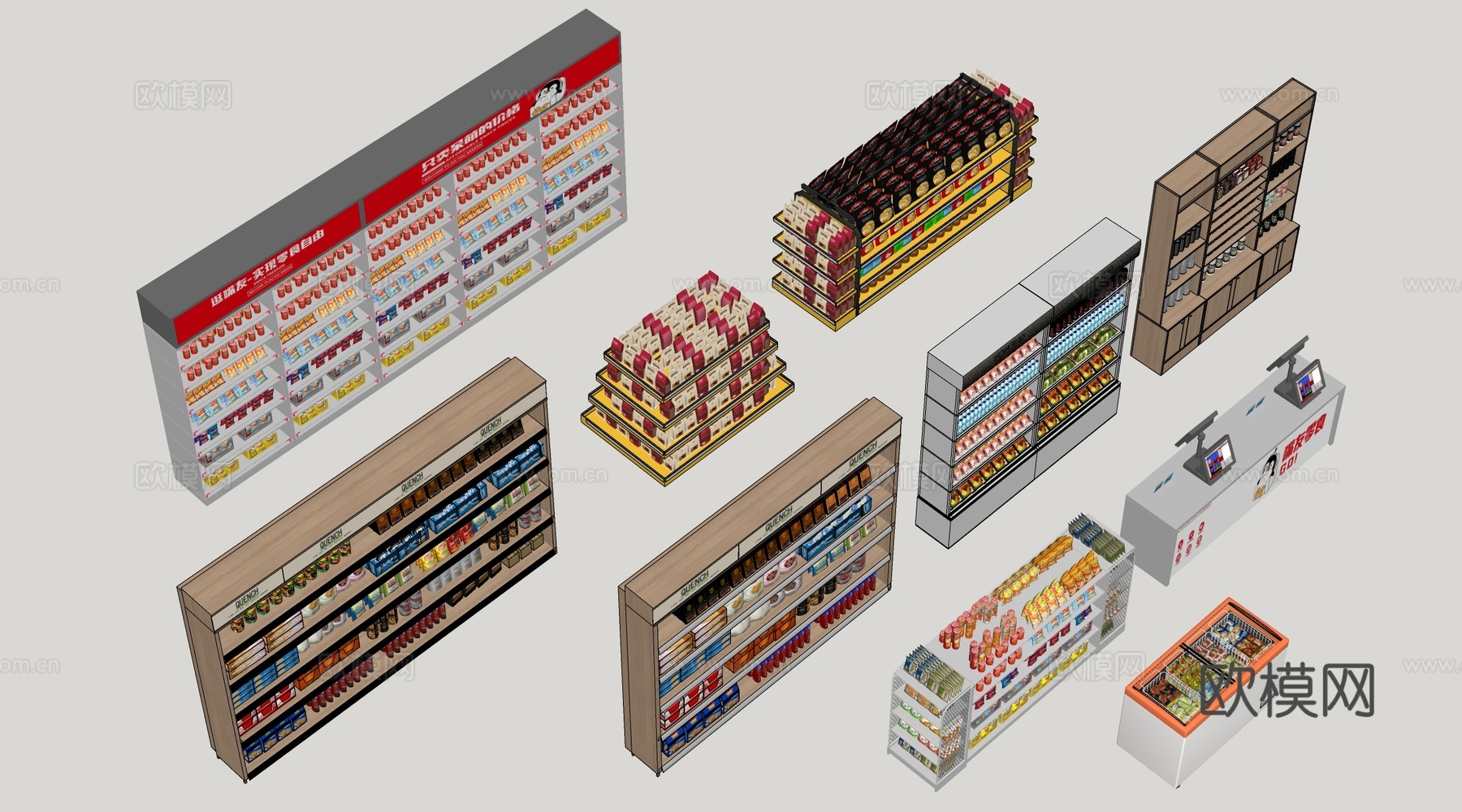 现代超市货架 零食店货架 置物架 文创展架su模型