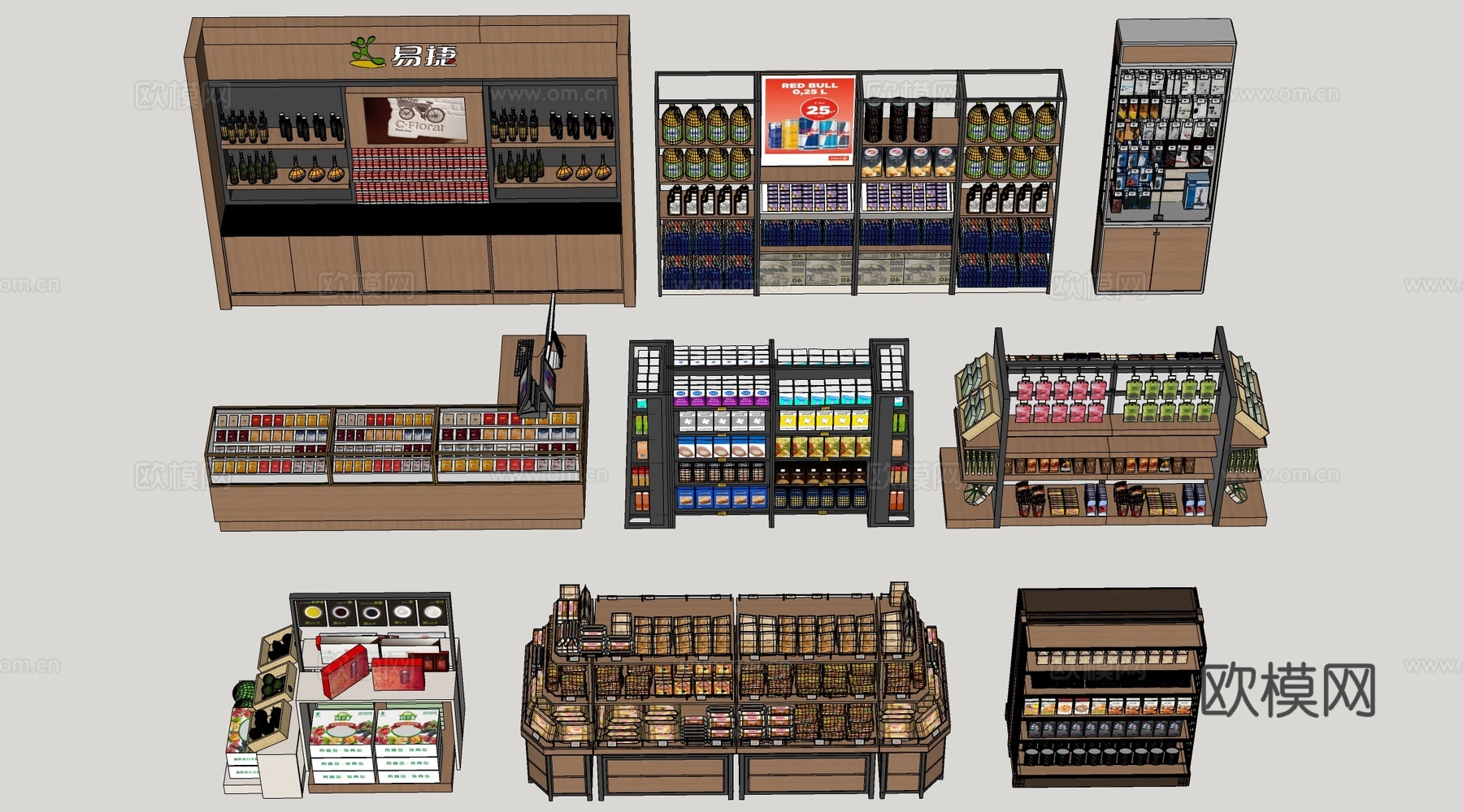 现代超市货架 零食店货架 置物架 文创展架su模型