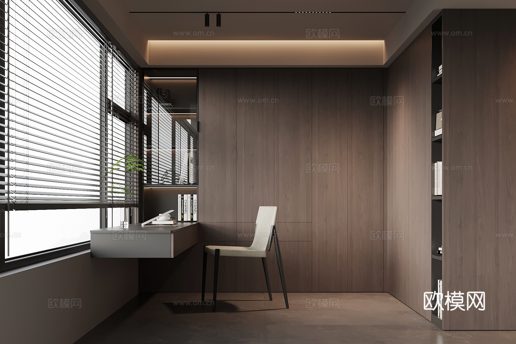 现代意式书房 L型书柜 书桌椅su模型