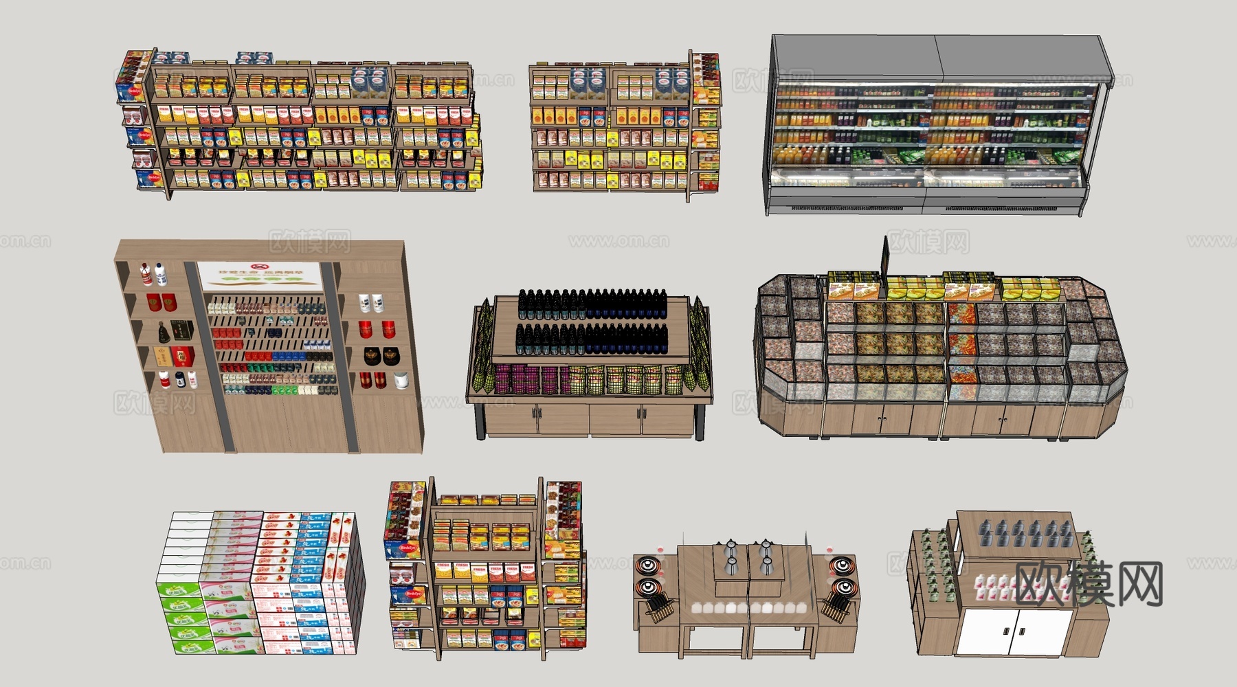现代超市货架 零食店货架 置物架 文创展架su模型