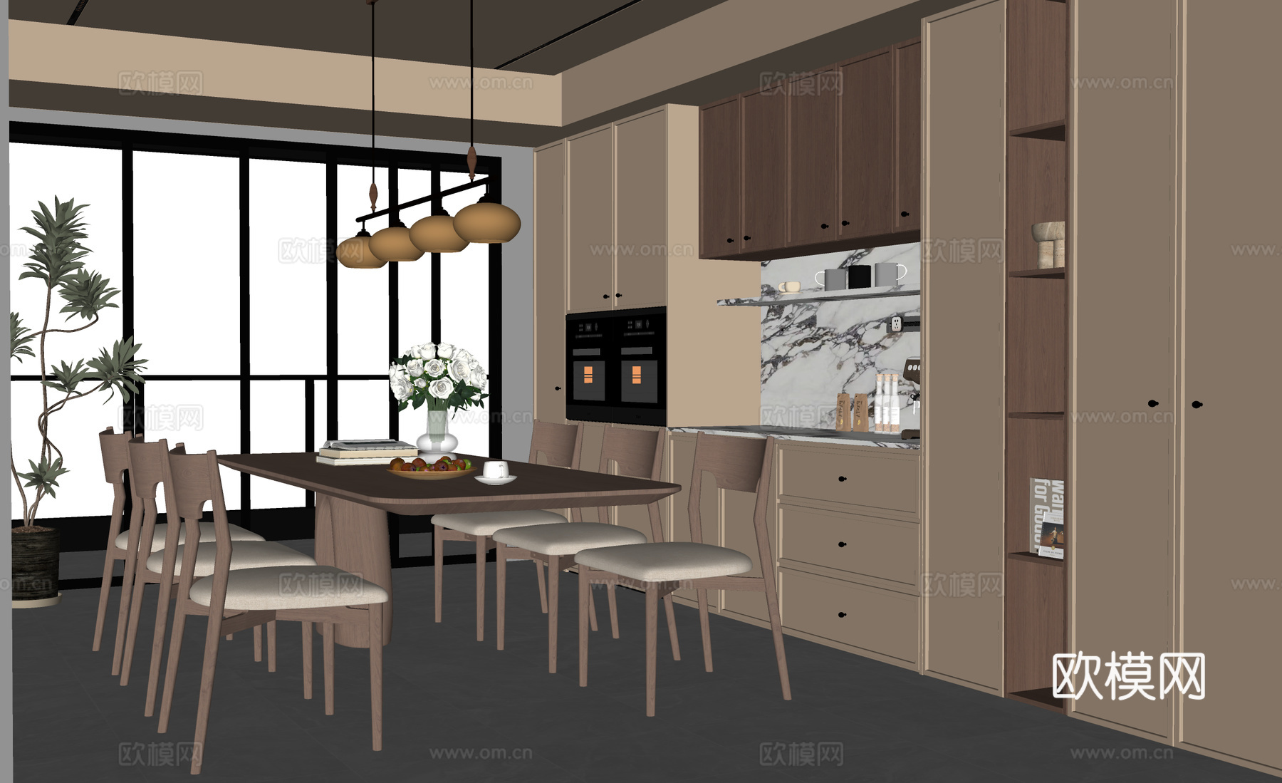 中古风餐厅 餐桌椅 酒柜 餐边柜su模型