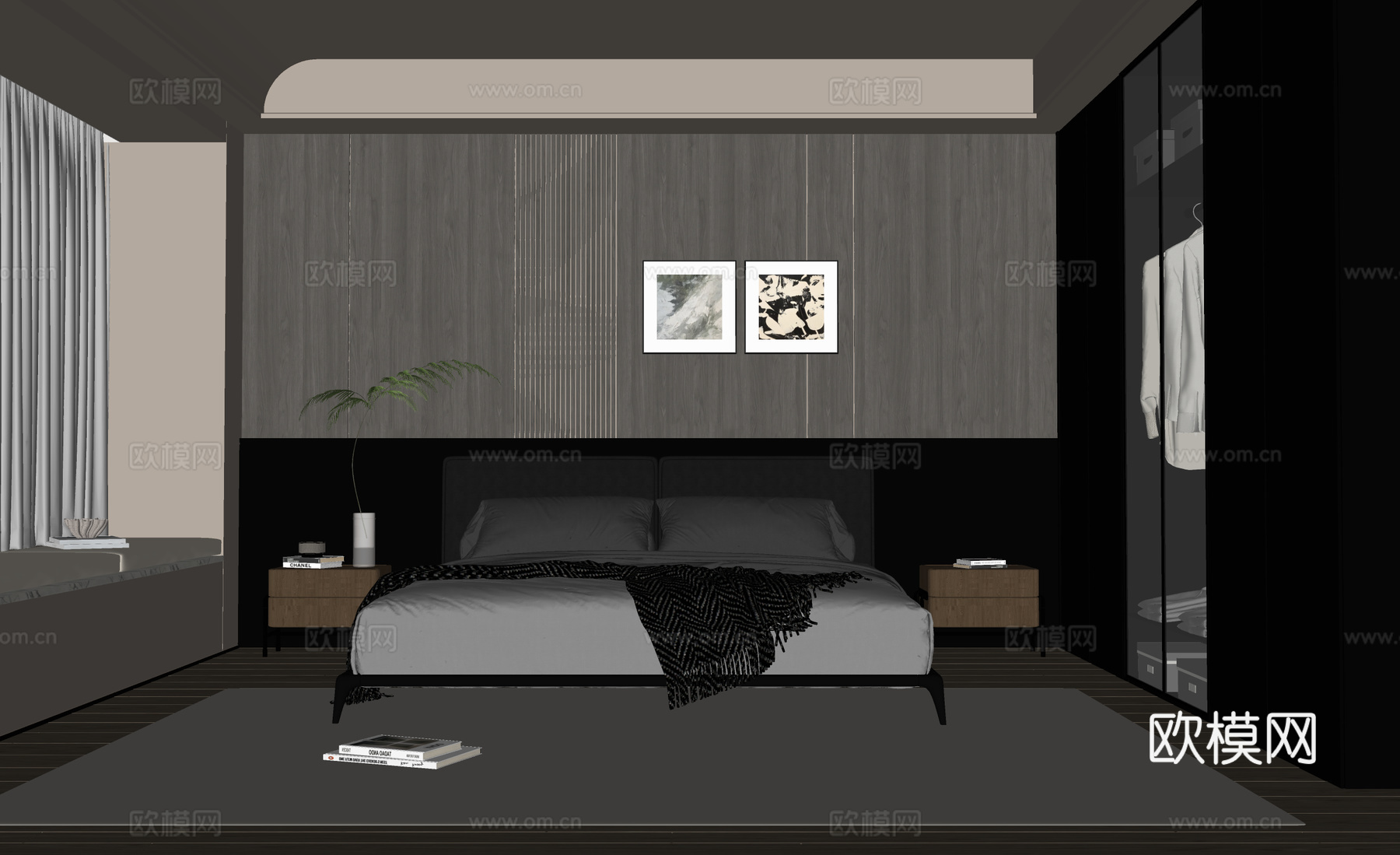 意式极简卧室 双人床 衣柜 主卧su模型