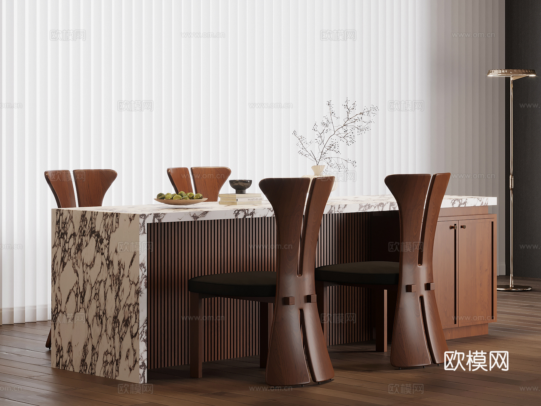 中古风岛台 餐桌椅su模型