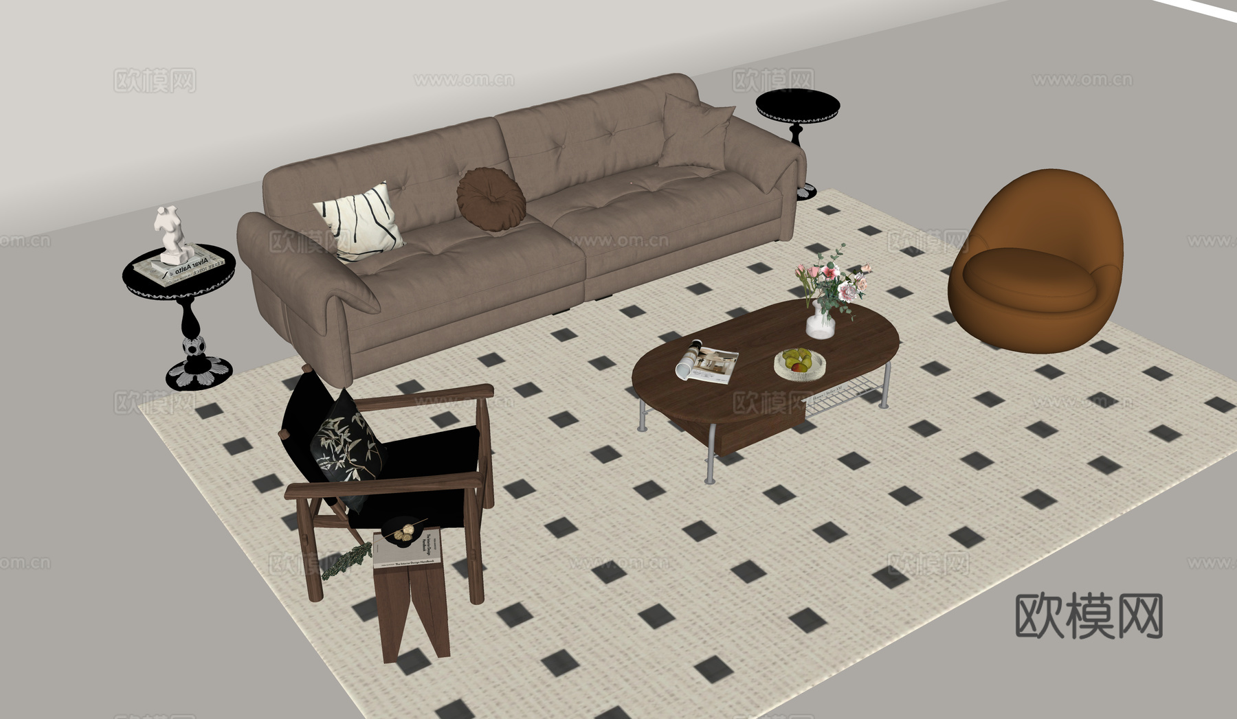 中古风沙发茶几组合su模型