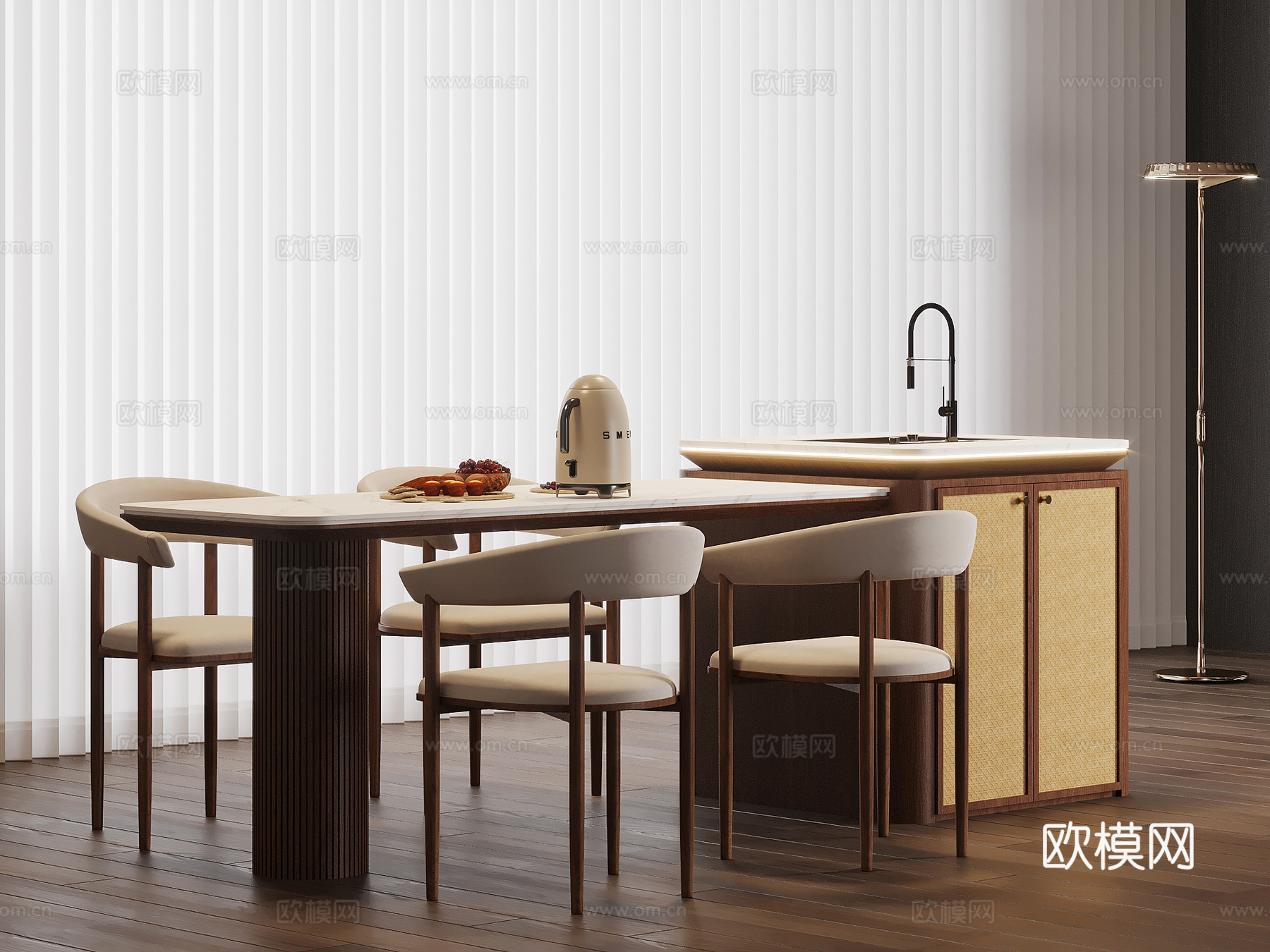 中古风岛台 餐桌椅su模型