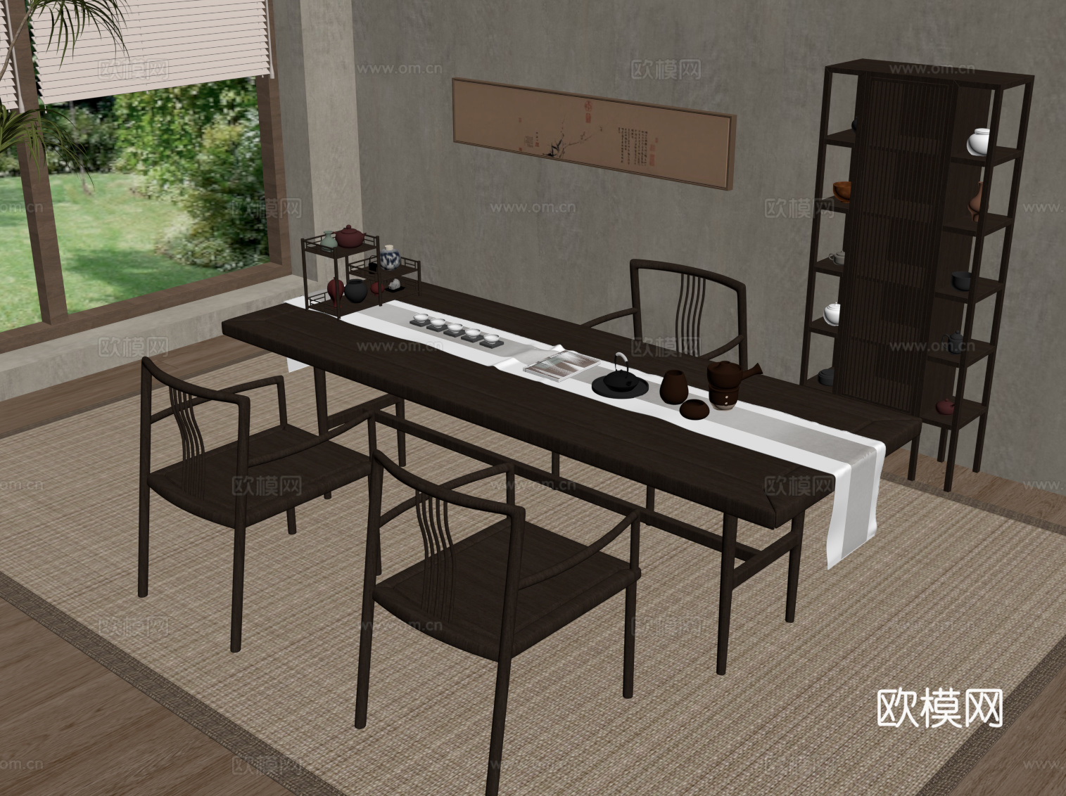 新中式茶室 茶桌椅 茶柜su模型