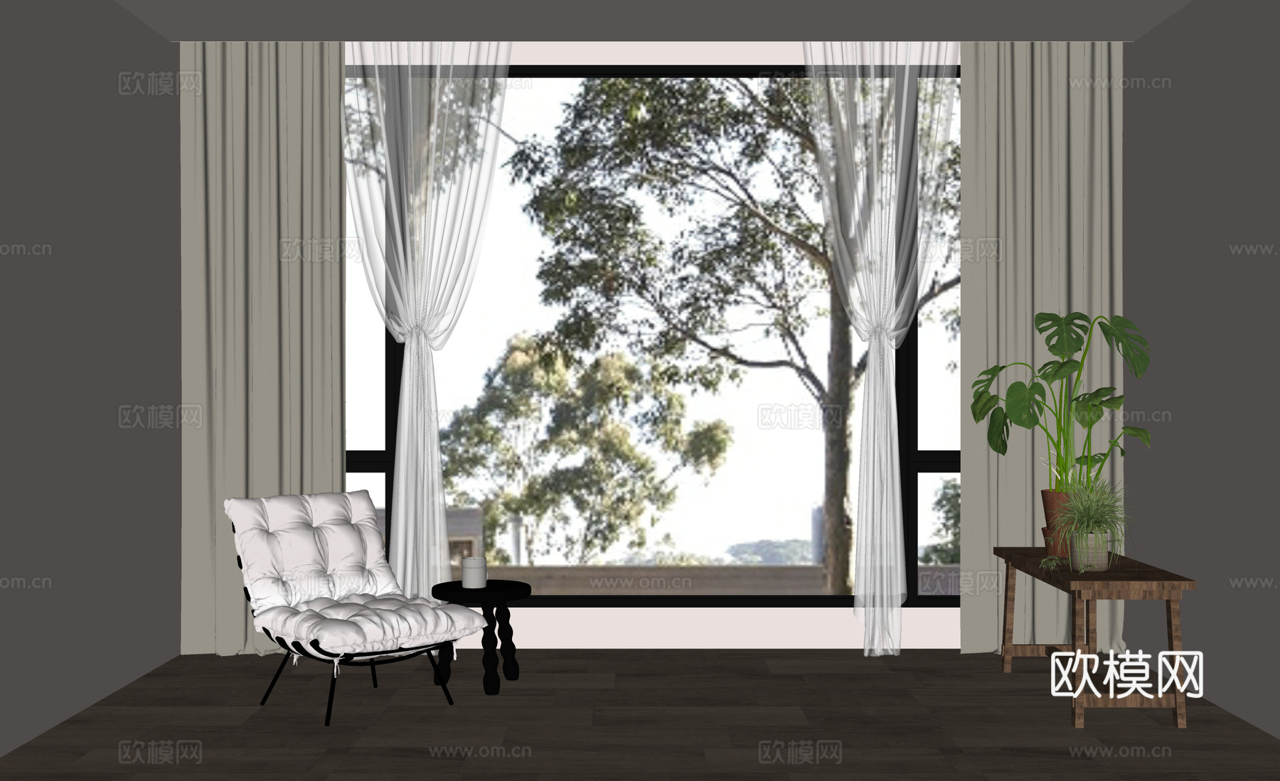 现代窗帘 休闲椅 绿植su模型
