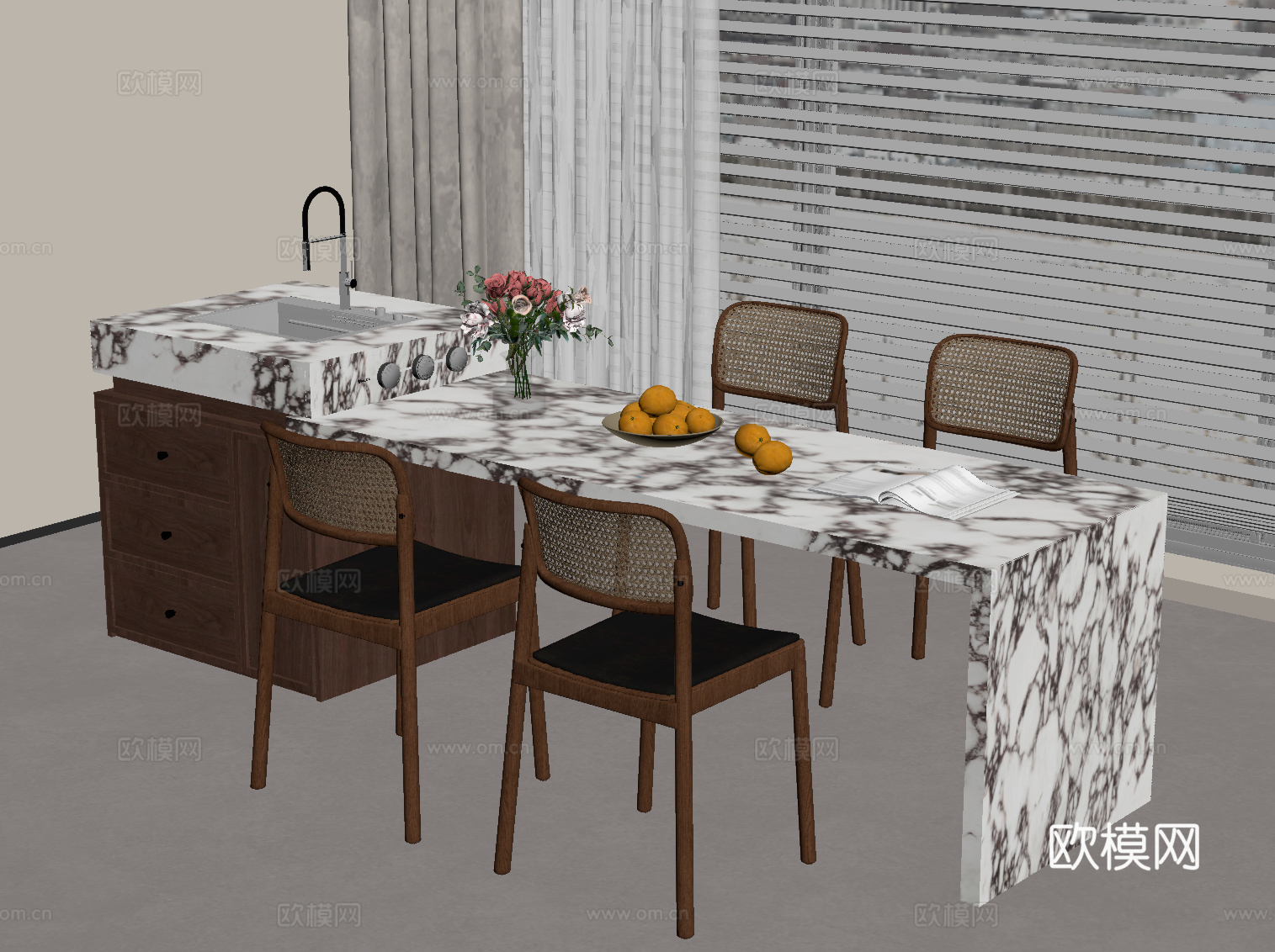 中古风岛台 餐桌椅su模型