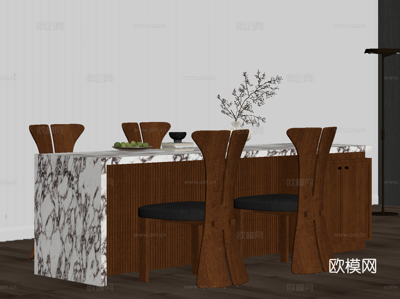 中古风岛台 餐桌椅su模型