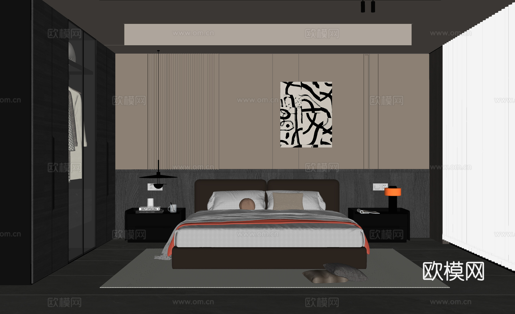 意式极简卧室 主卧 双人床 衣柜su模型