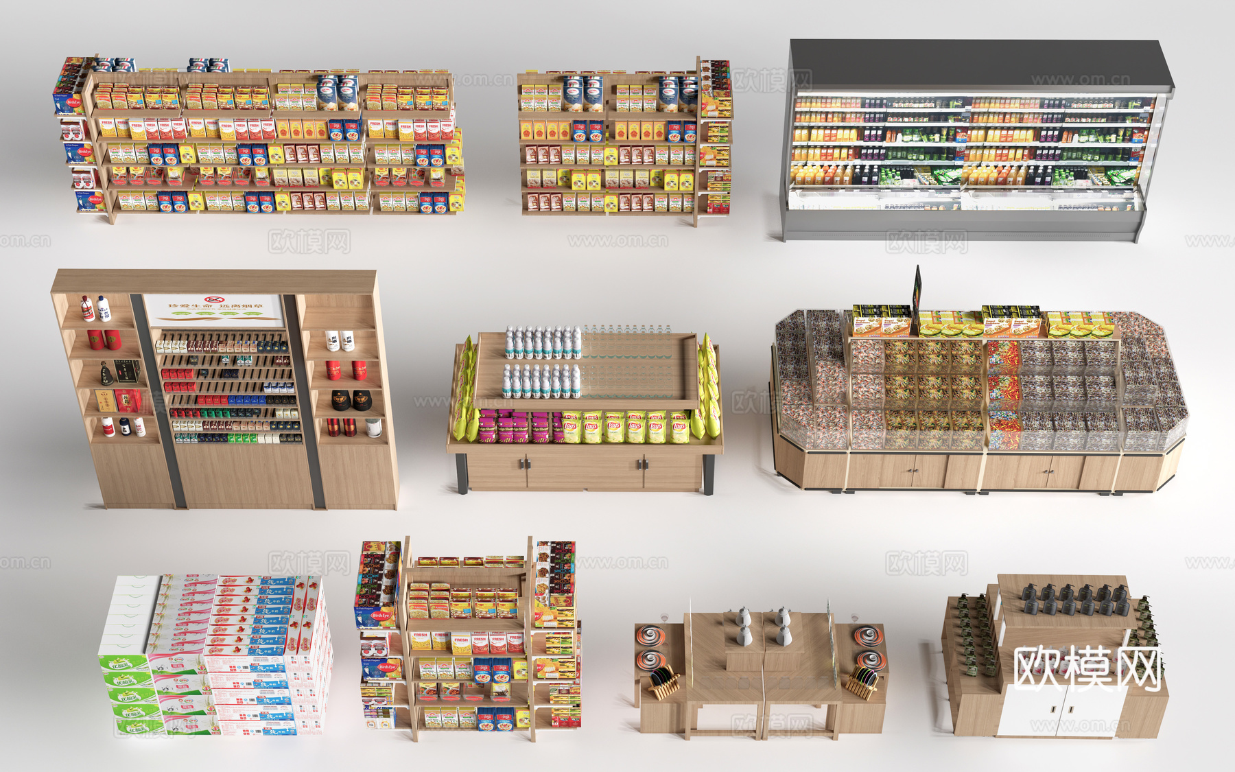 现代超市货架 零食店货架 置物架 文创展架su模型