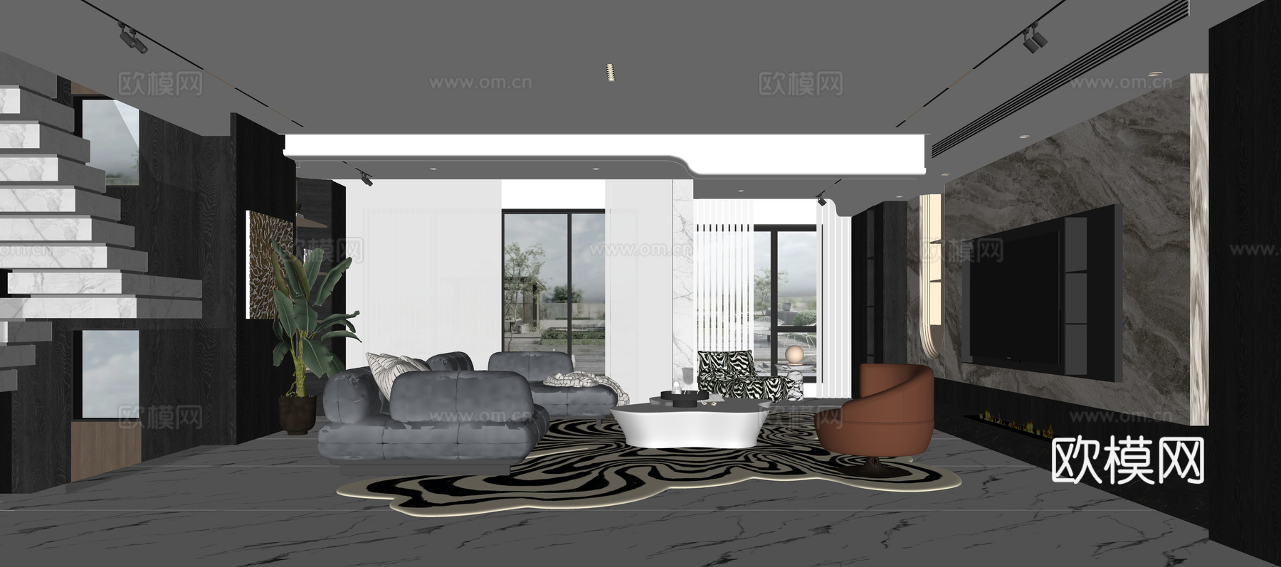 现代轻奢客厅su模型