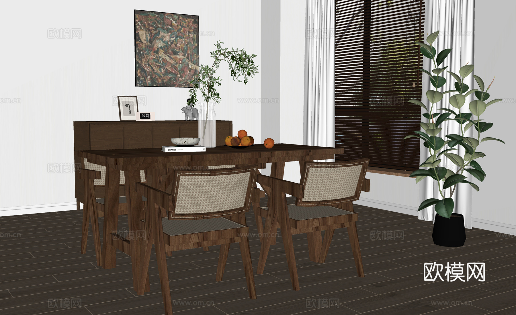 中古风餐厅 餐桌椅组合 餐边柜 绿植su模型