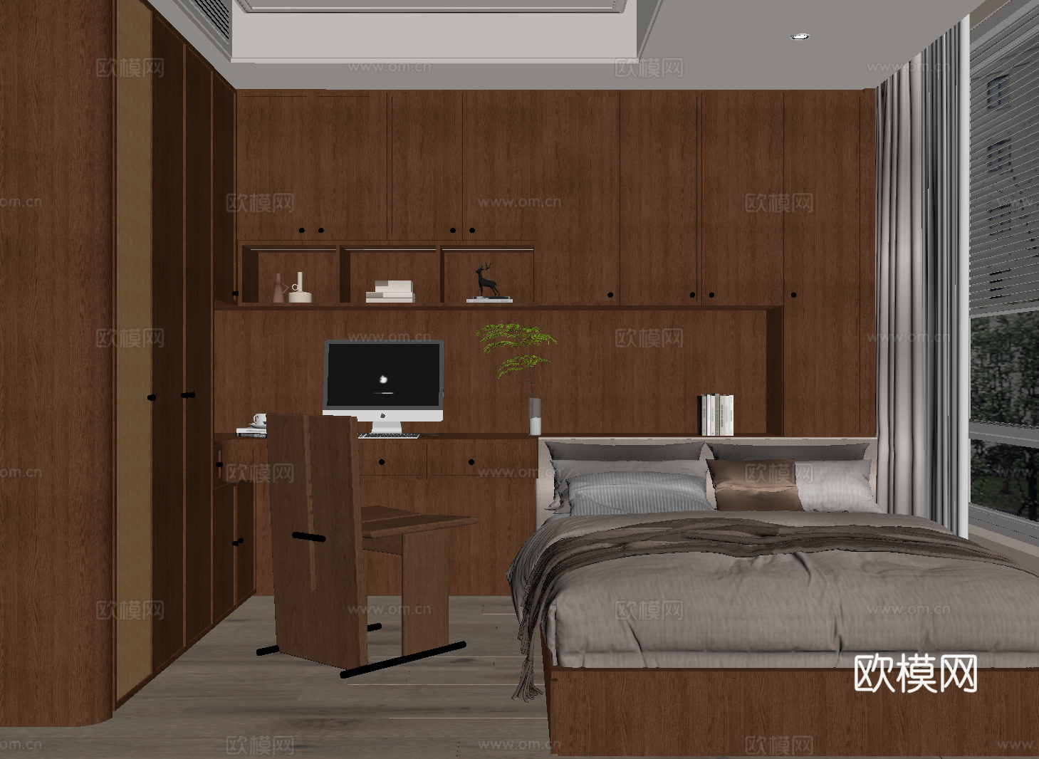 中古风榻榻米 卧室 书桌su模型