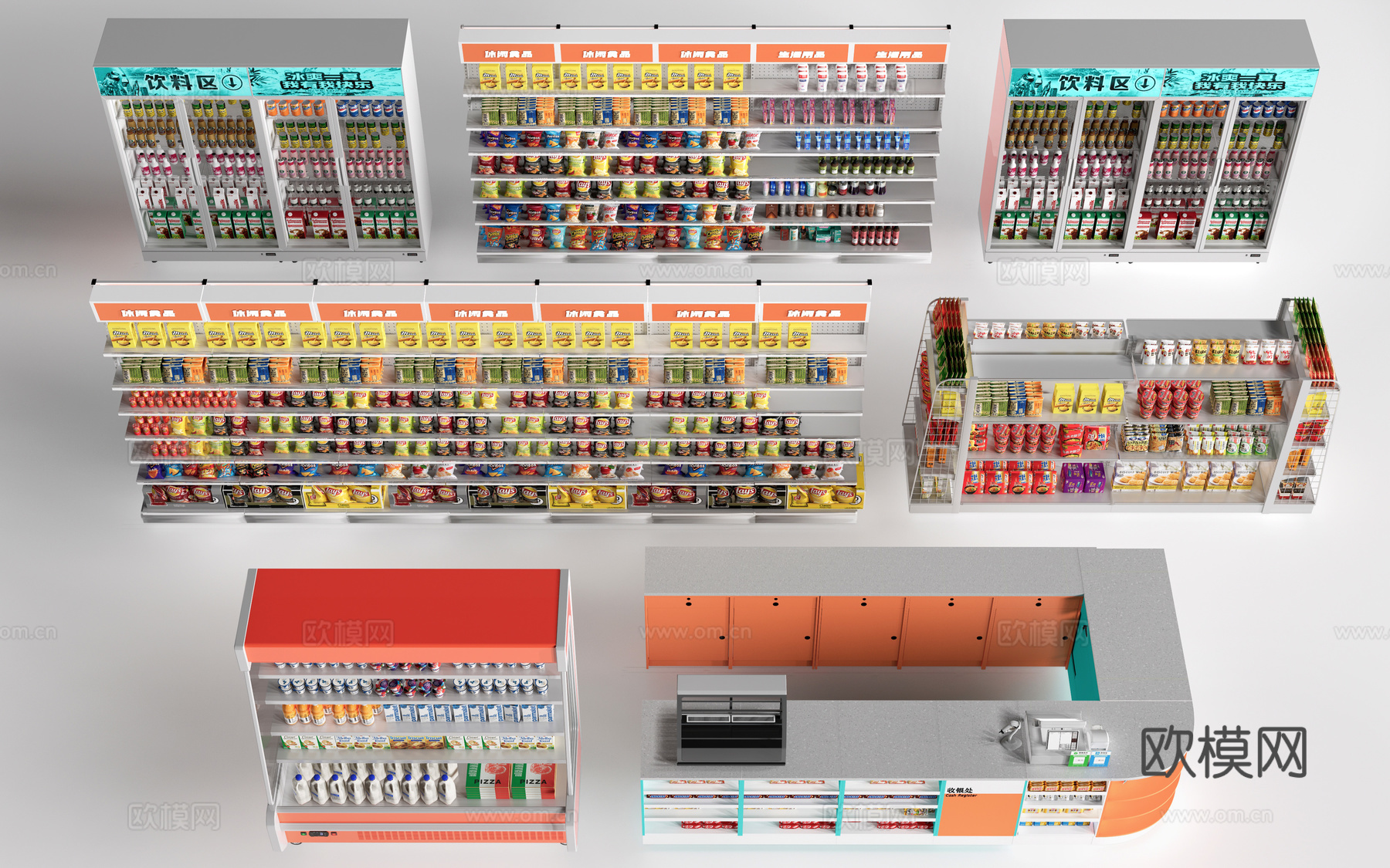 现代超市货架 零食店货架 置物架 文创展架su模型