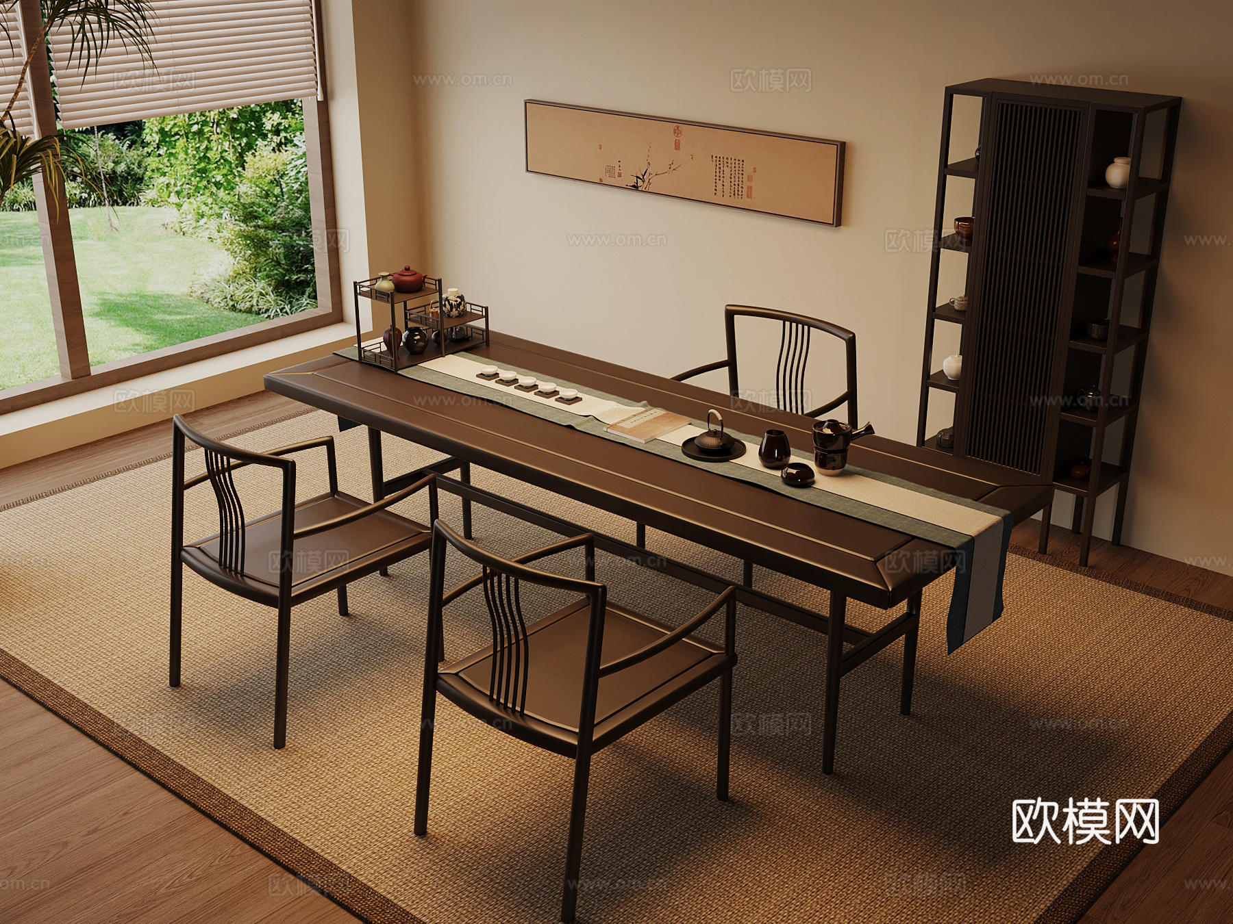 新中式茶室 茶桌椅 茶柜su模型