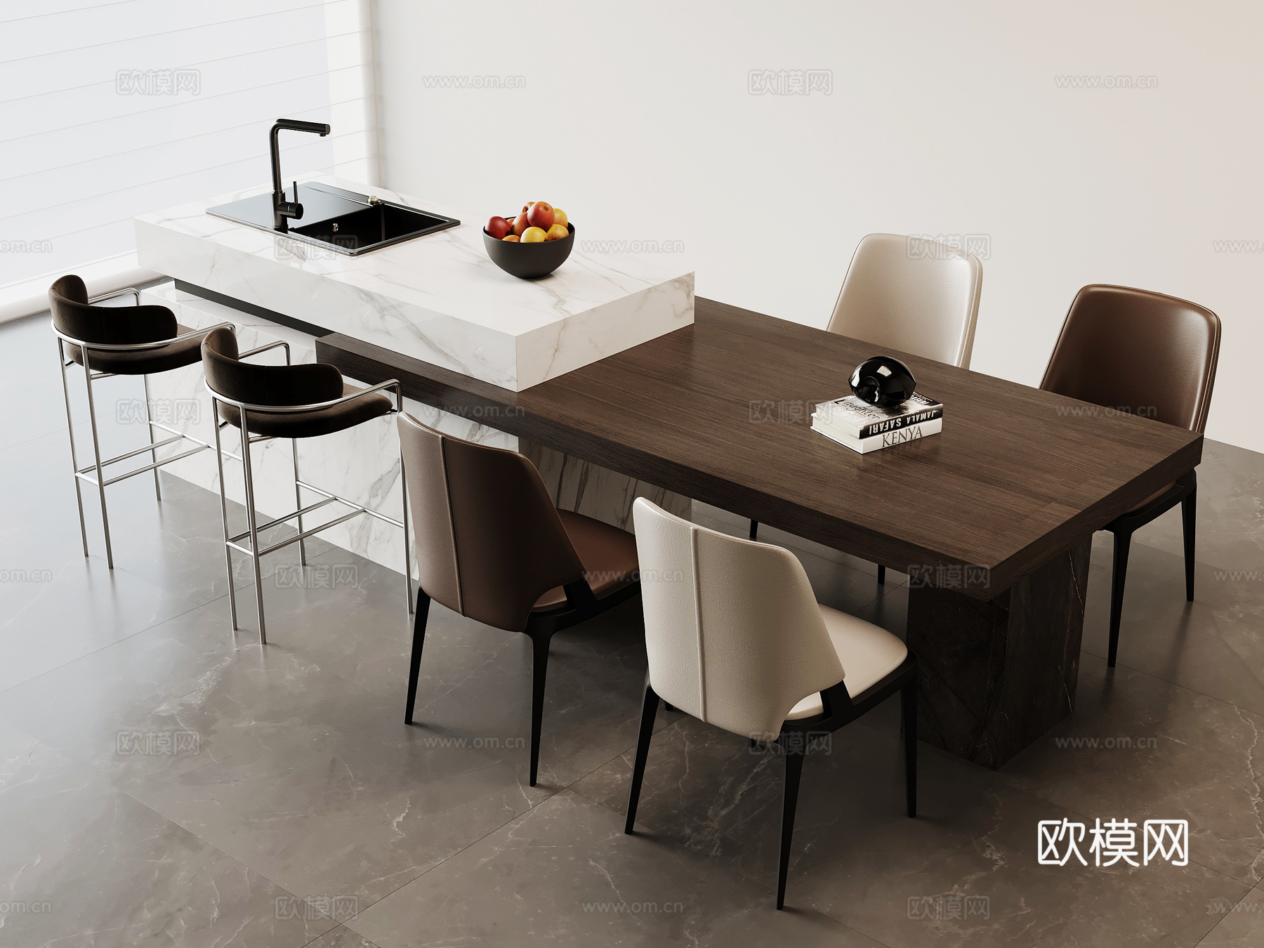 现代意式岛台 餐桌椅su模型