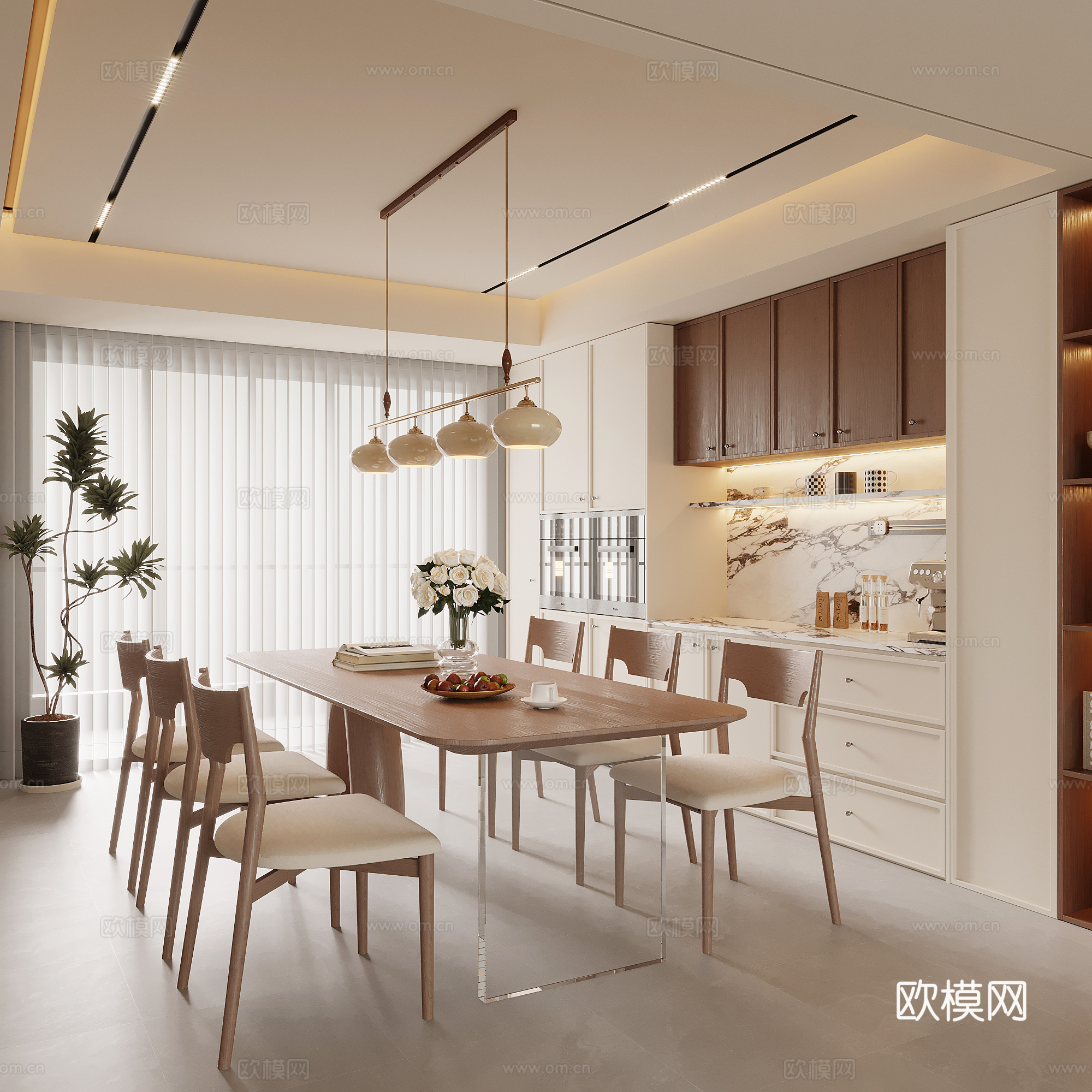 中古风餐厅 餐桌椅 酒柜 餐边柜su模型