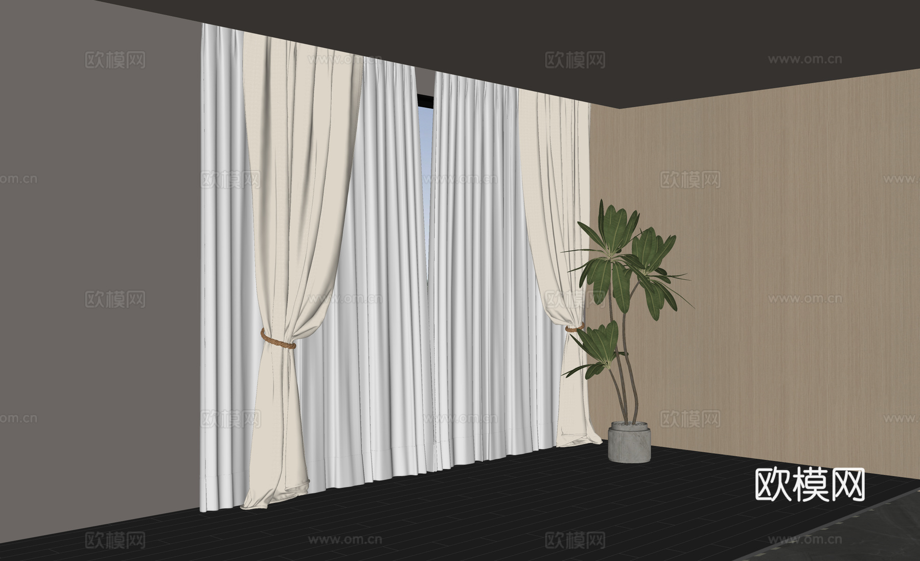 现代奶油风窗帘 布帘 纱帘su模型