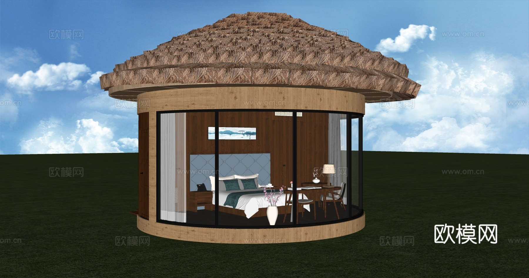新中式民宿建筑 阳光房 茅草屋 木制 异形su模型