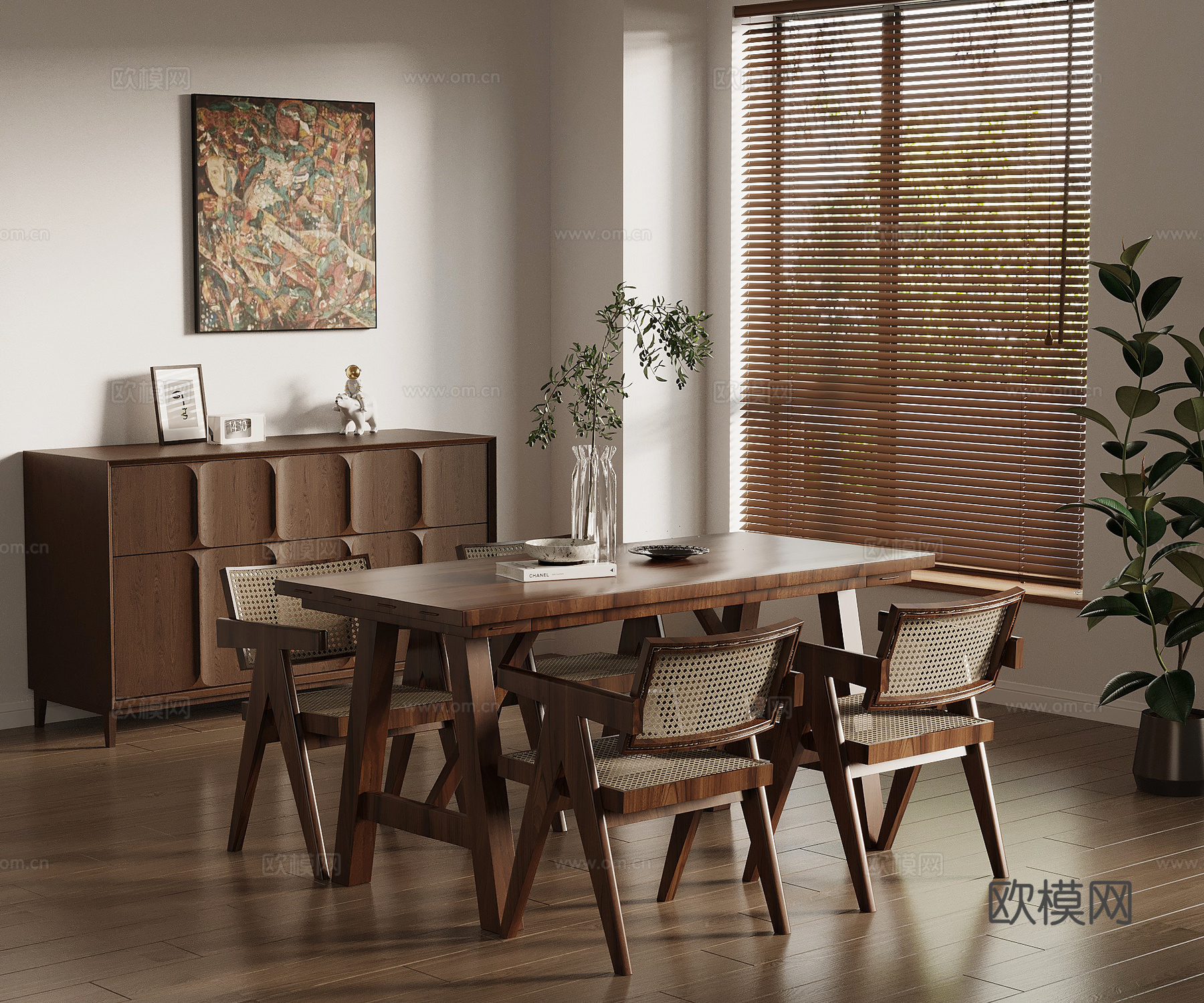 中古风餐厅 餐桌椅组合 餐边柜 绿植su模型