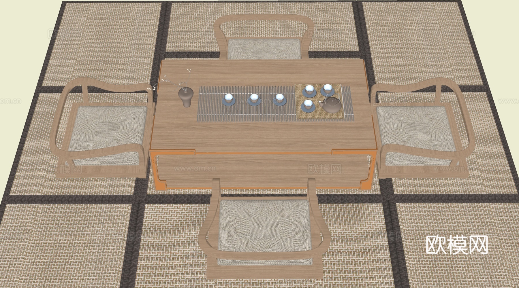 日式榻榻米茶桌 榻榻米座椅 茶室桌椅 榻榻米茶台su模型