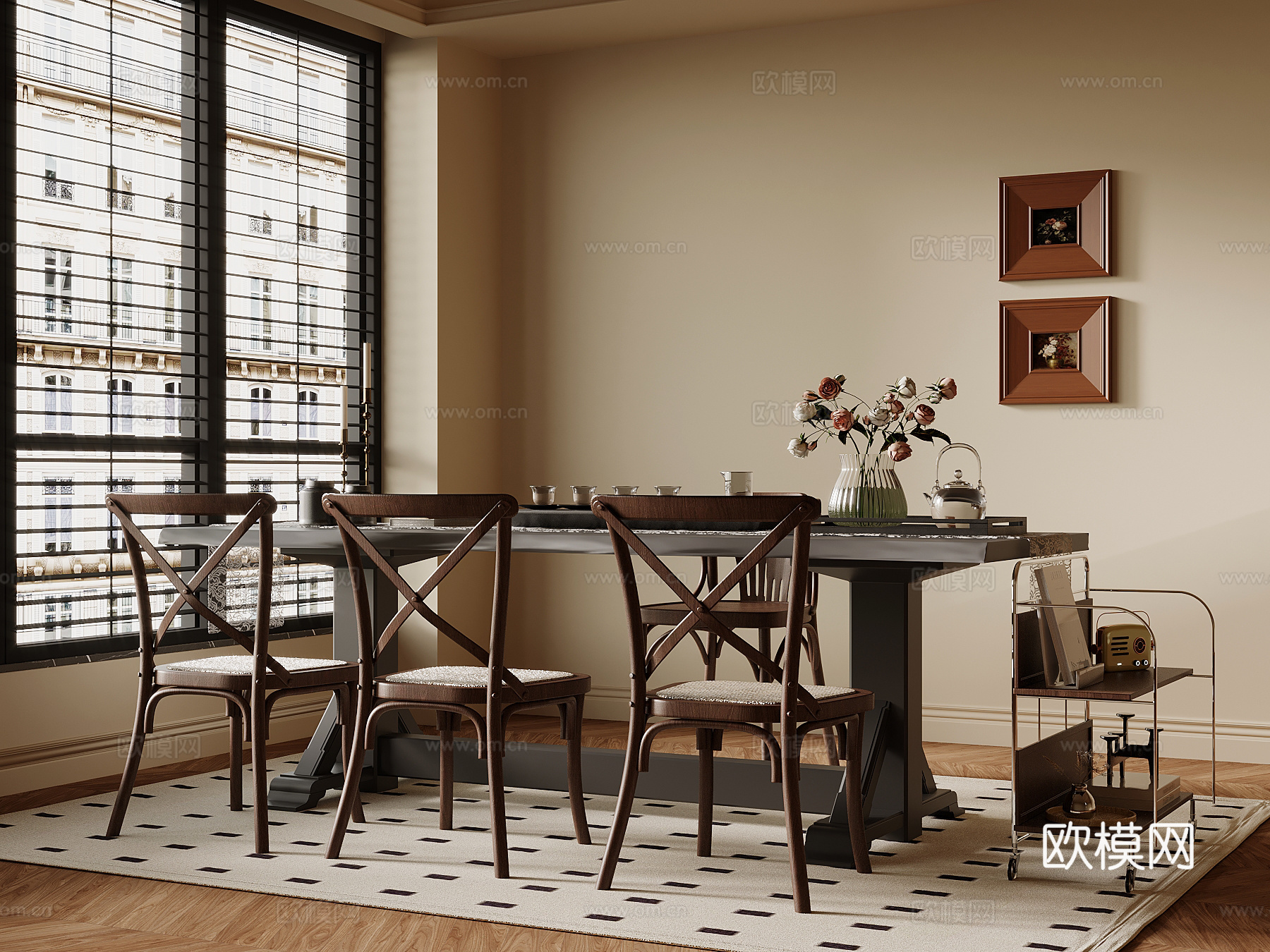 法式复古风茶台 茶桌椅su模型