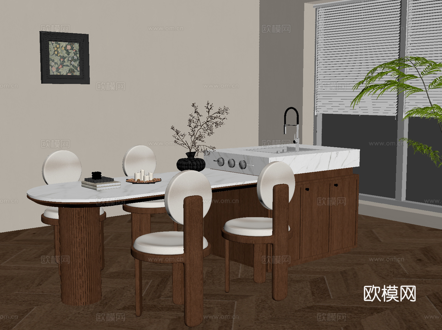 中古风岛台 餐桌椅su模型
