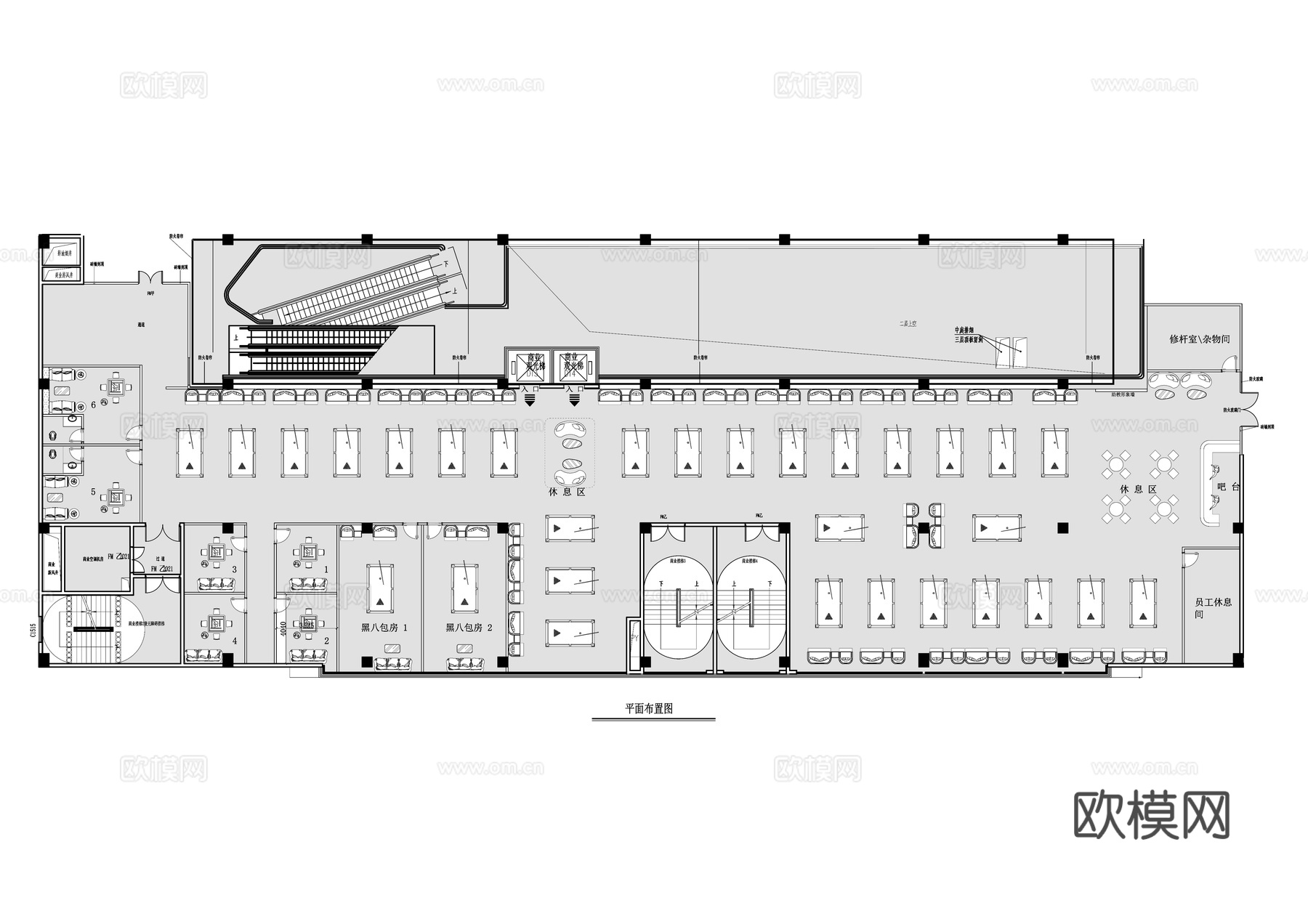 24小时自助台球桌球店平面布置图cad施工图