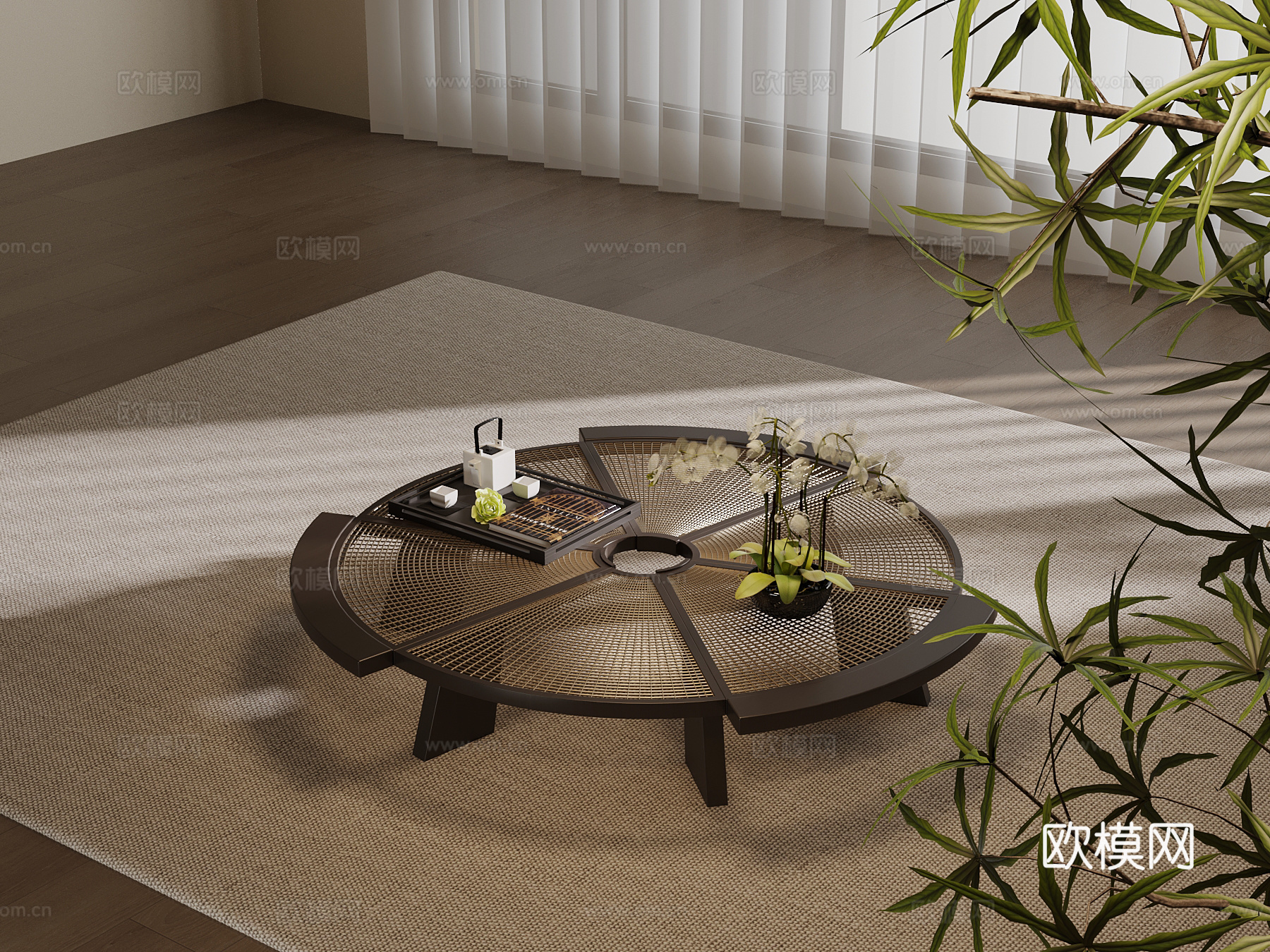 新中式茶几 圆形茶几su模型