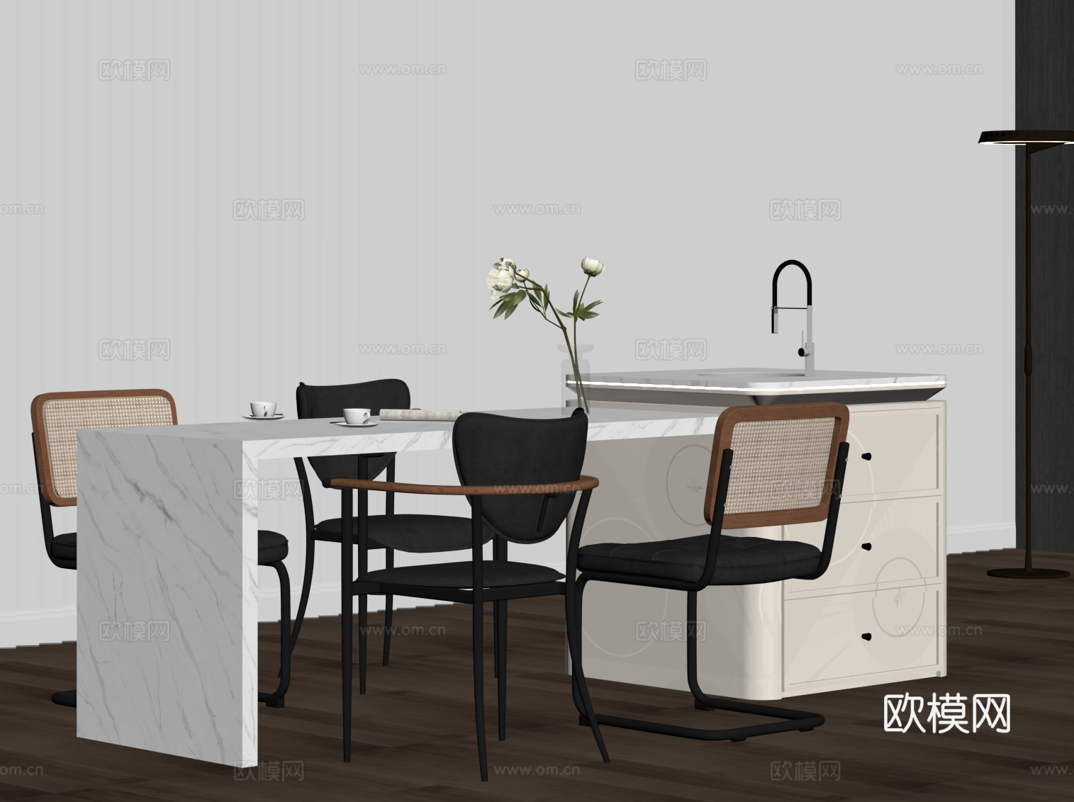 中古风岛台 餐桌椅su模型