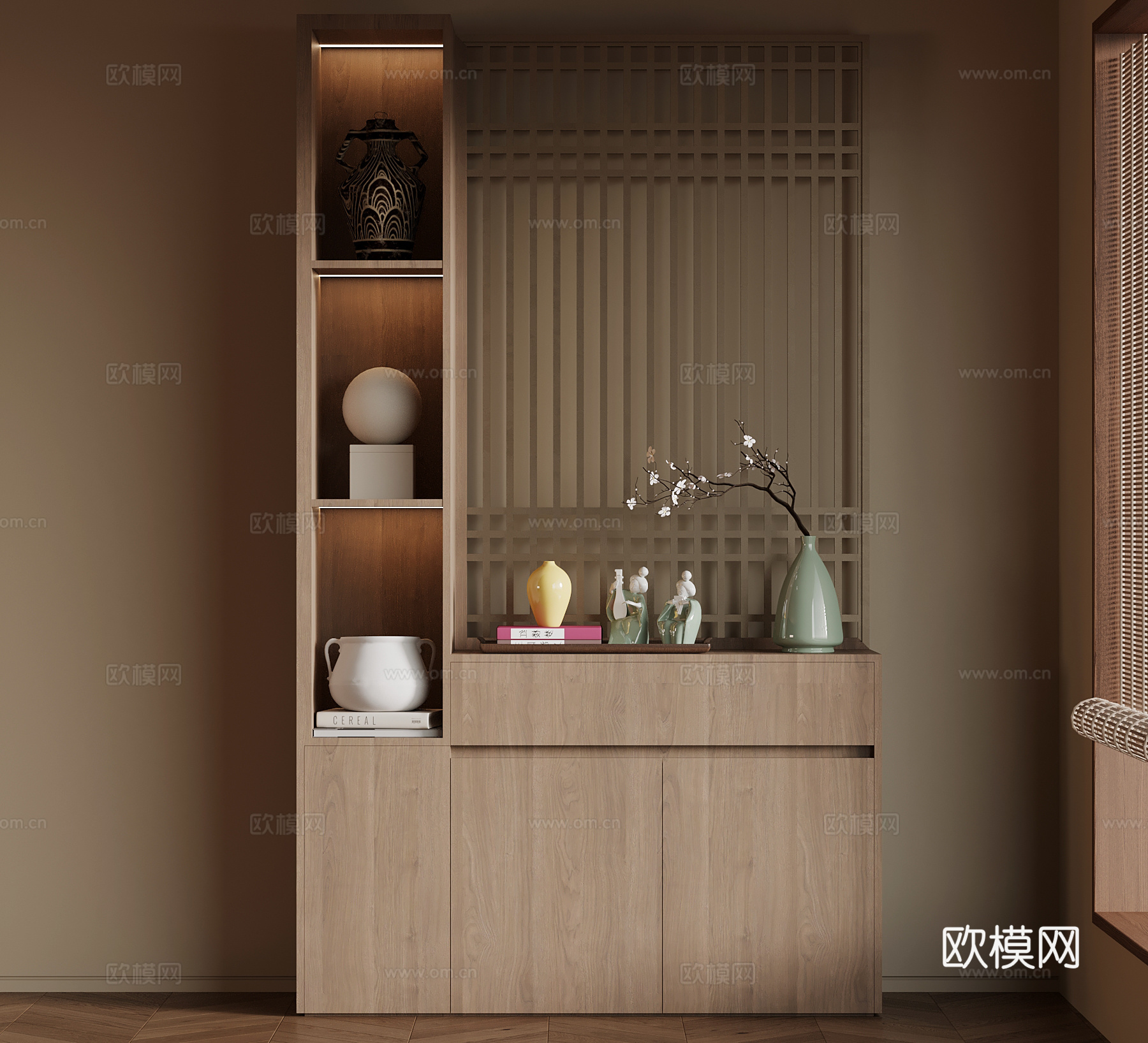 新中式玄关柜 储物柜 装饰柜su模型