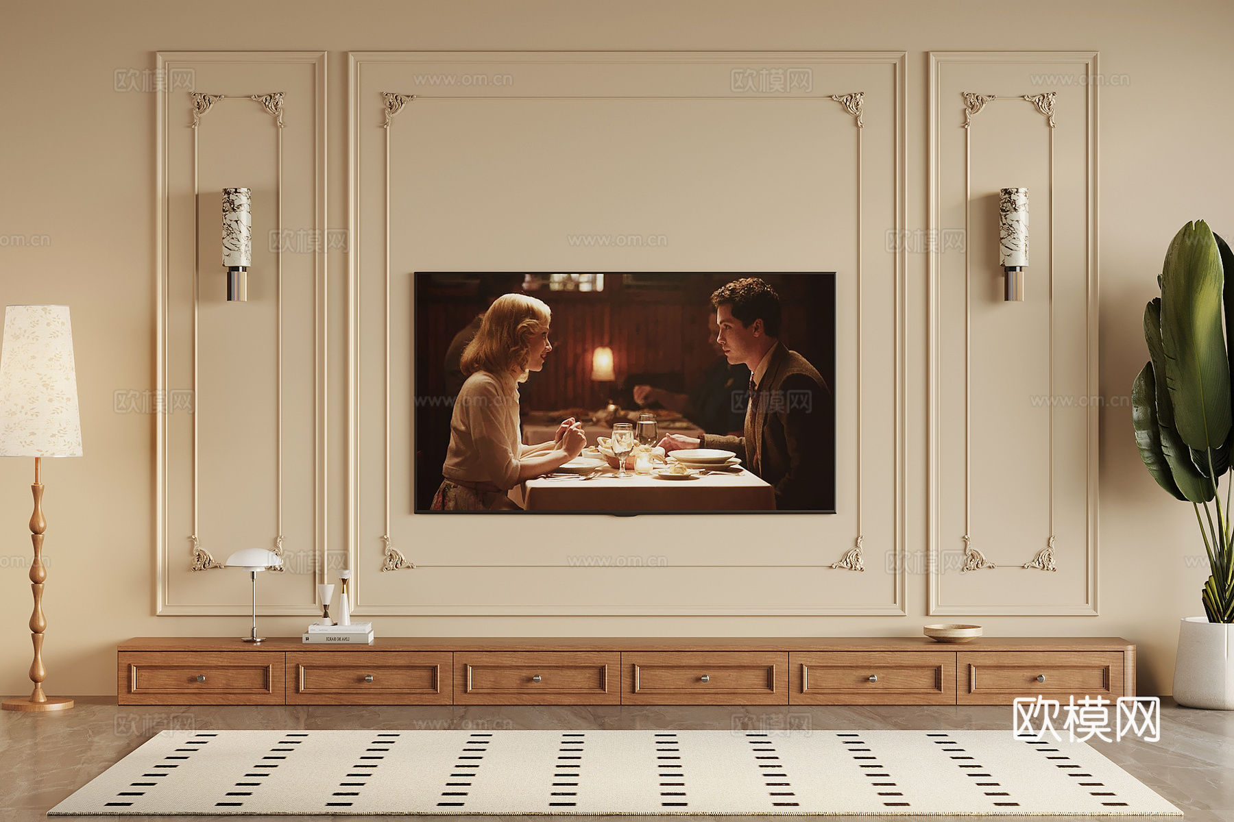 法式中古风电视背景墙 电视柜 落地灯su模型