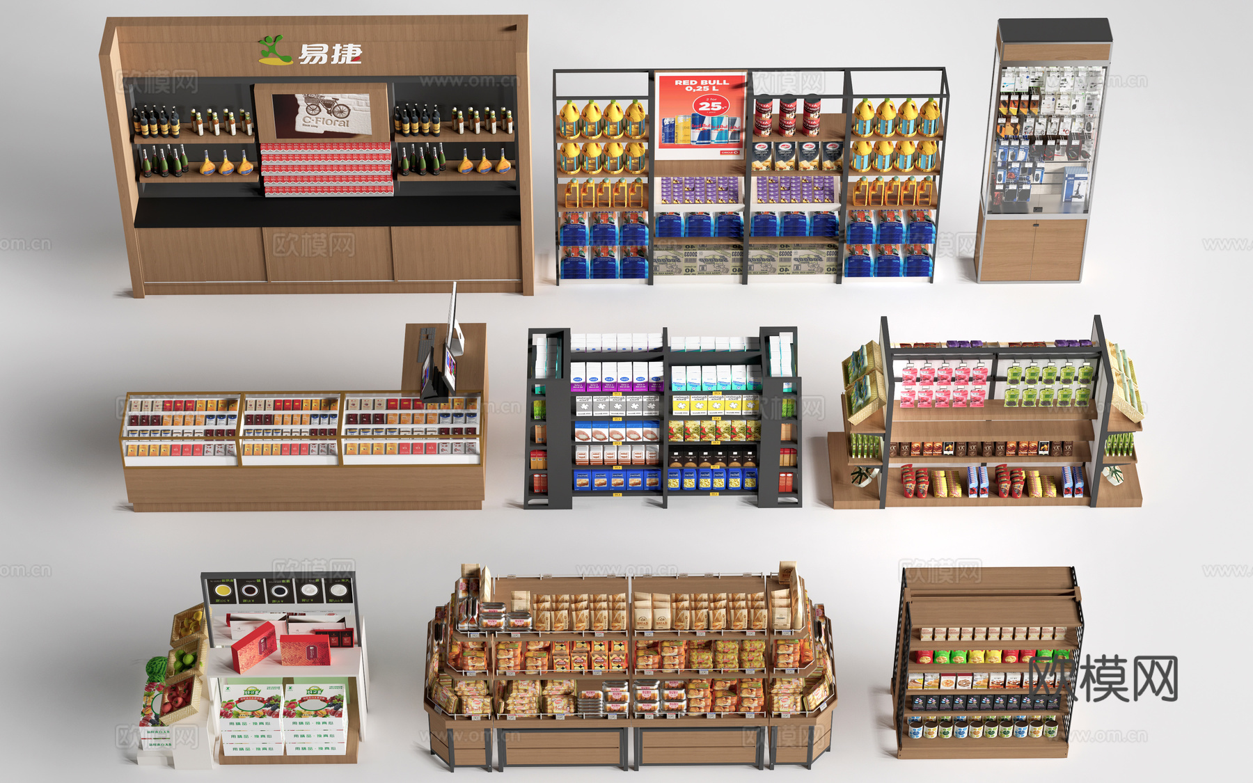 现代超市货架 零食店货架 置物架 文创展架su模型