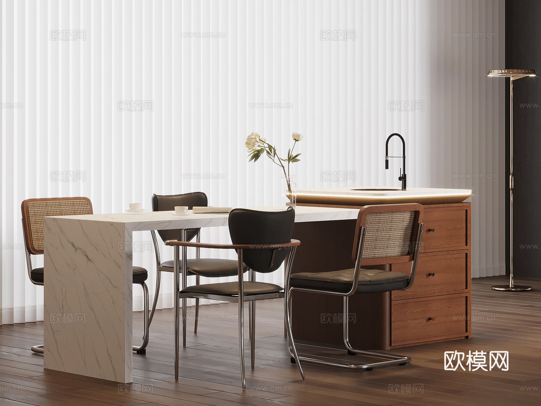 中古风岛台 餐桌椅su模型