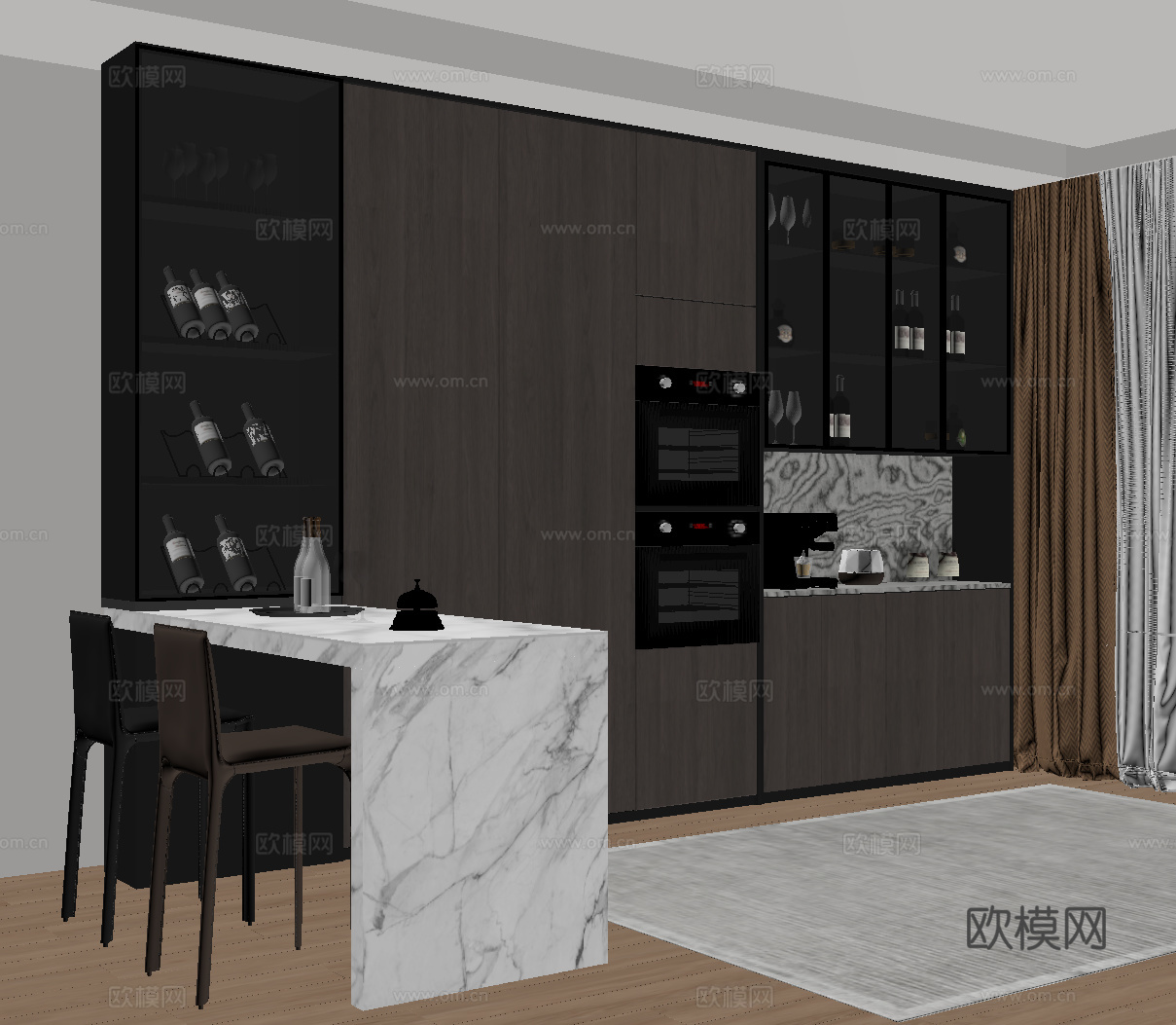 现代意式酒柜 餐桌 吧台su模型