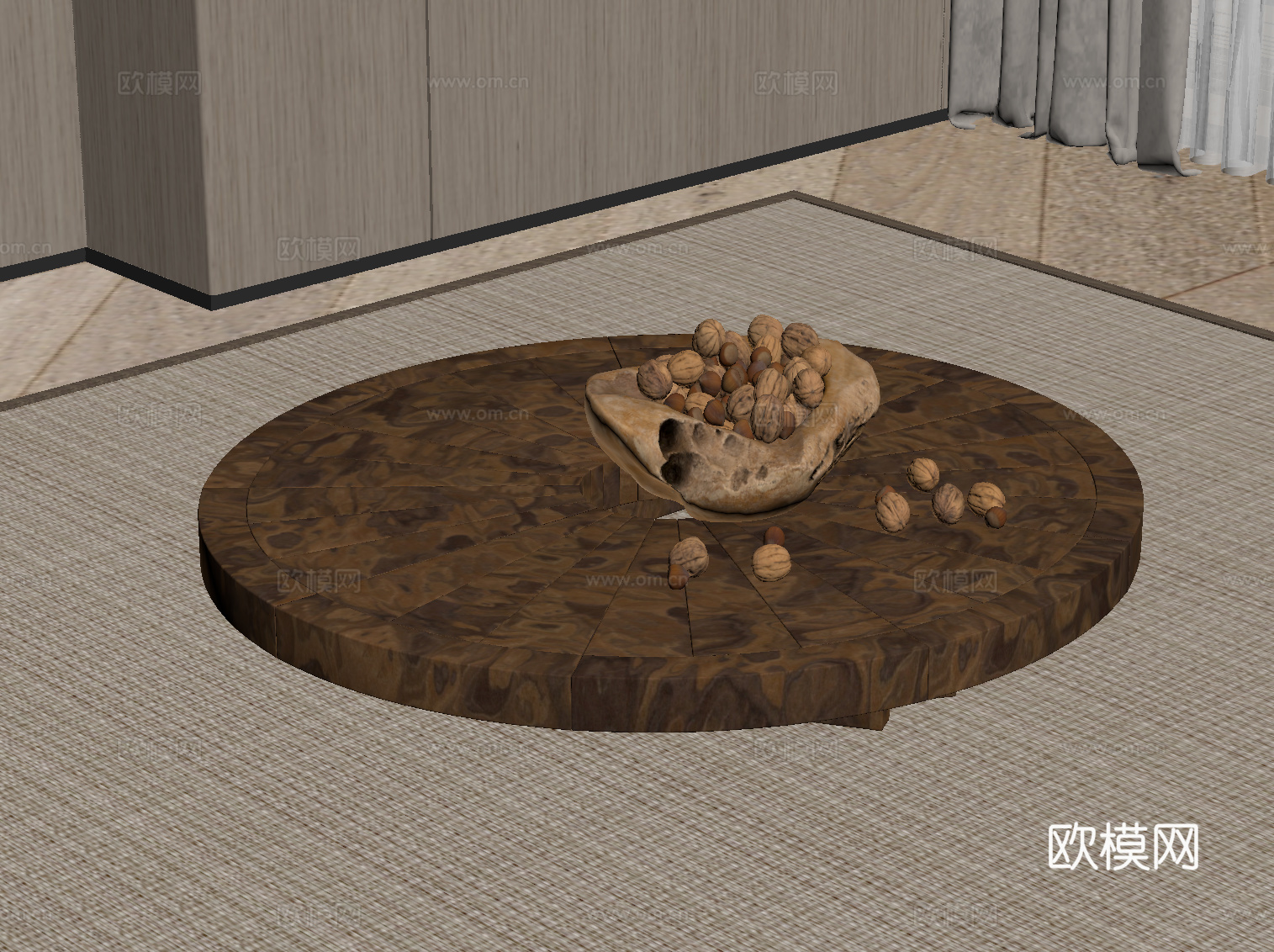 中古风茶几 实木圆形茶几su模型