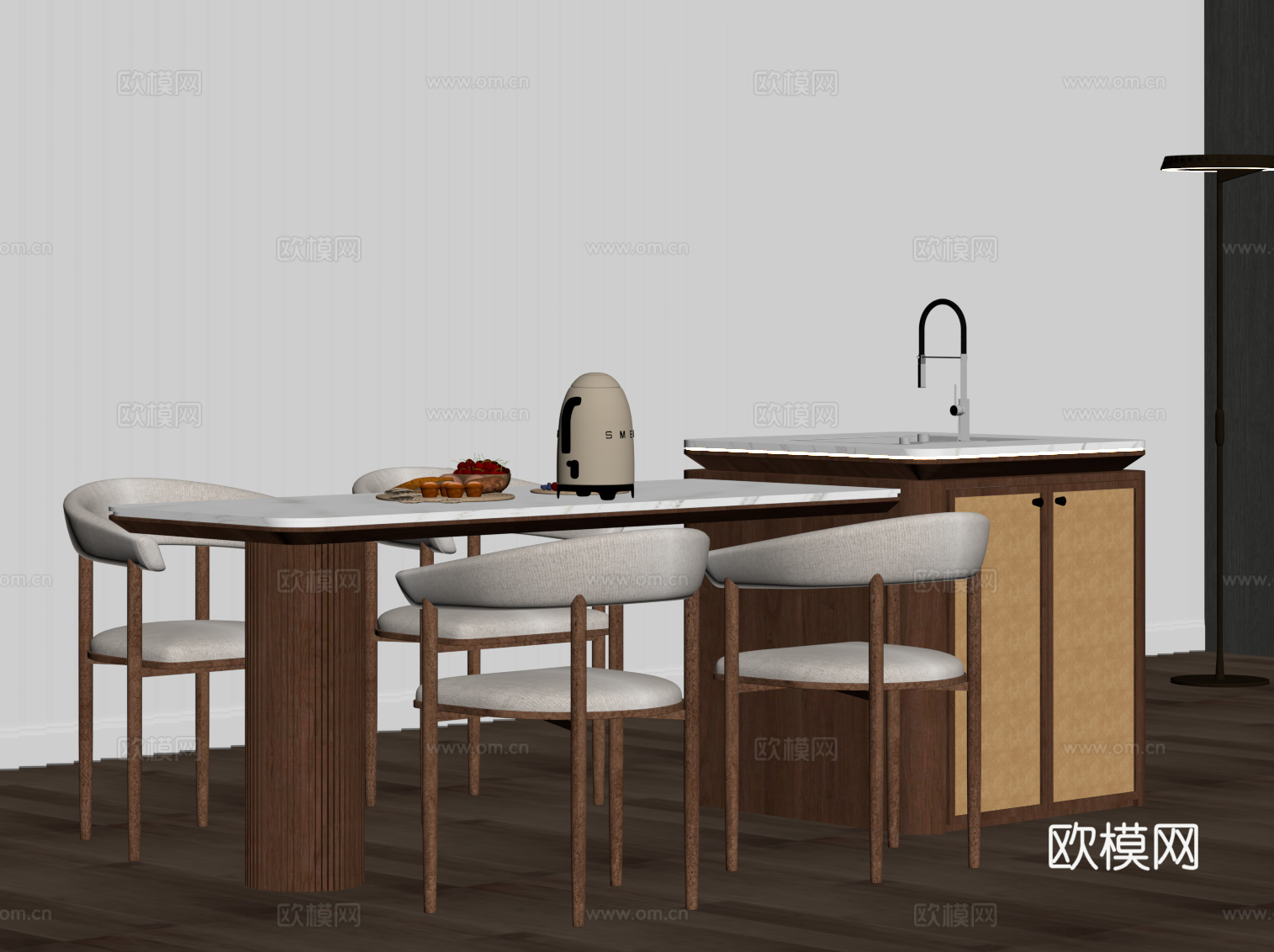 中古风岛台 餐桌椅su模型