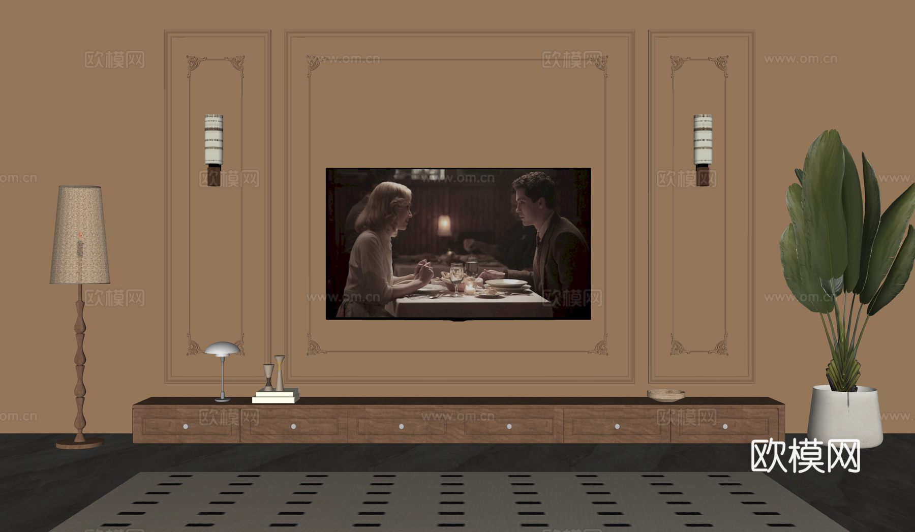 法式中古风电视背景墙 电视柜 落地灯su模型