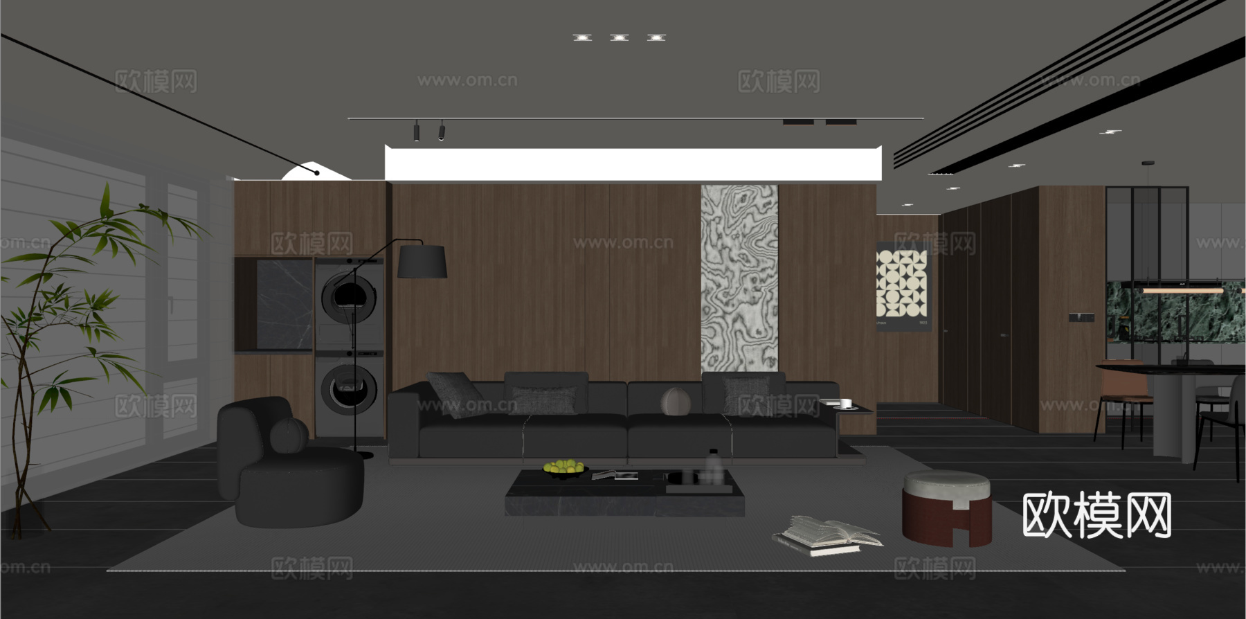 现代意式客厅 沙发茶几 多人沙发 休闲椅 落地灯su模型