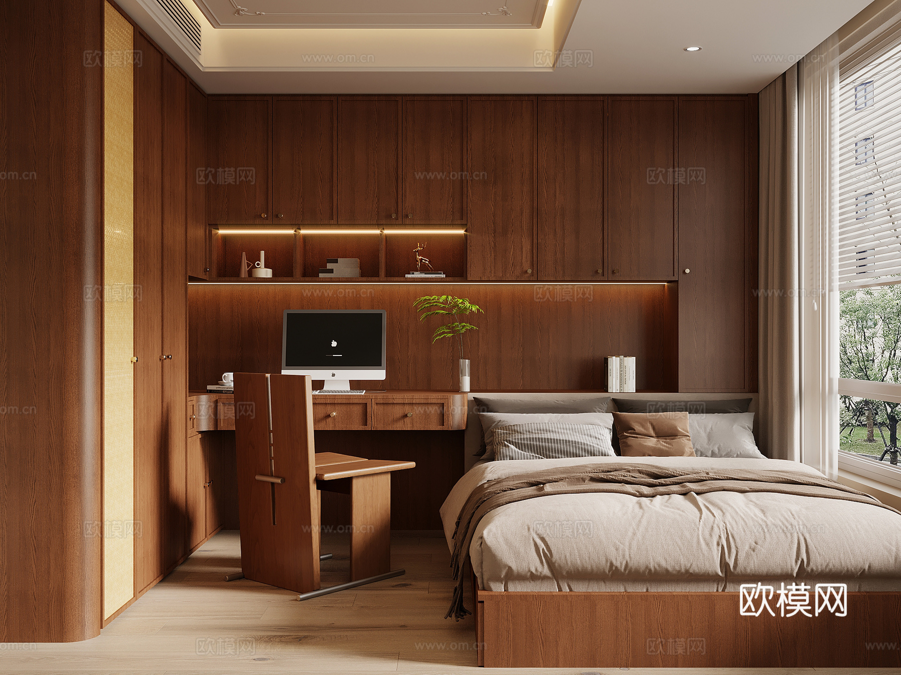 中古风榻榻米 卧室 书桌su模型