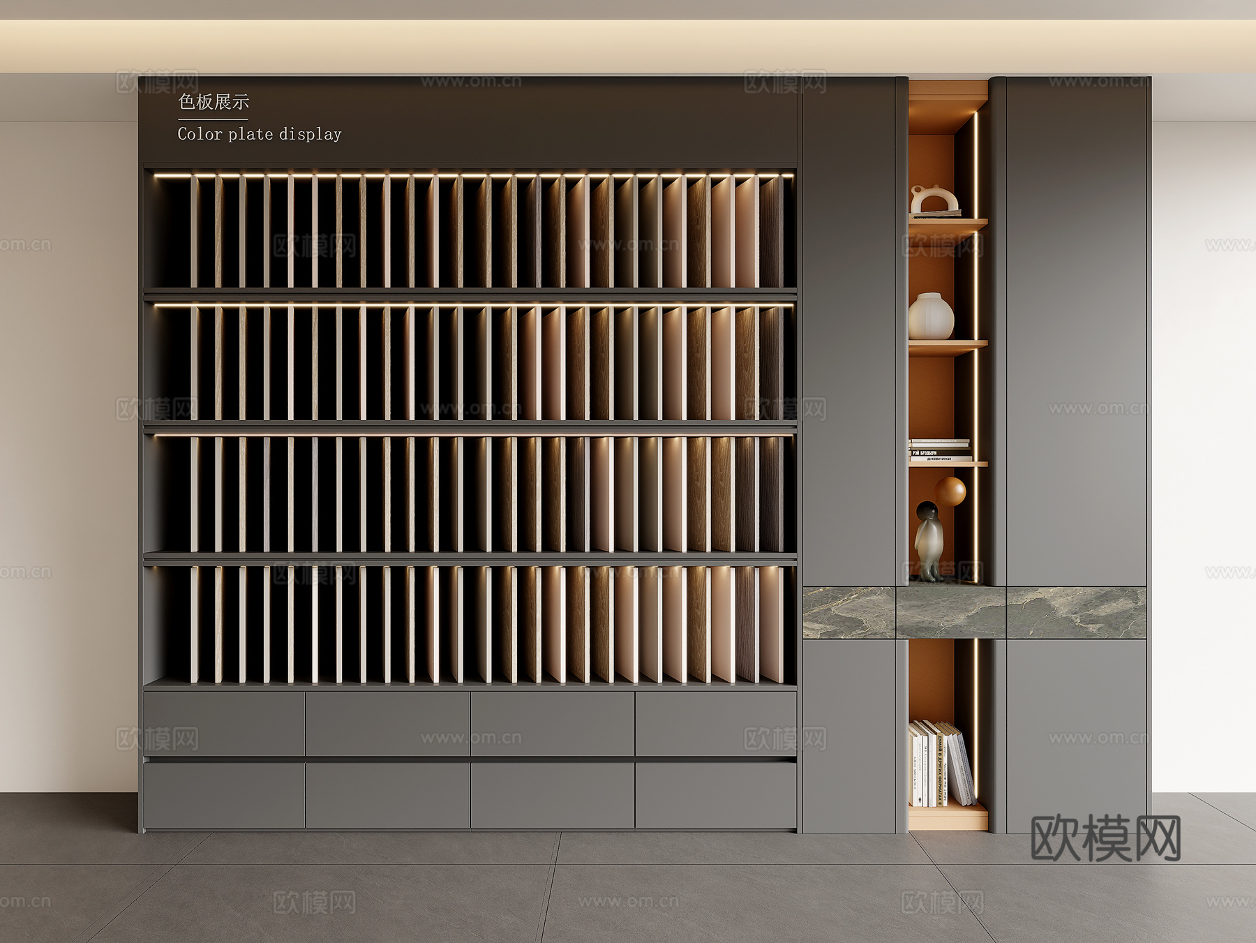 现代全屋定制展厅 色板展示柜 木作展厅色板 装饰柜su模型