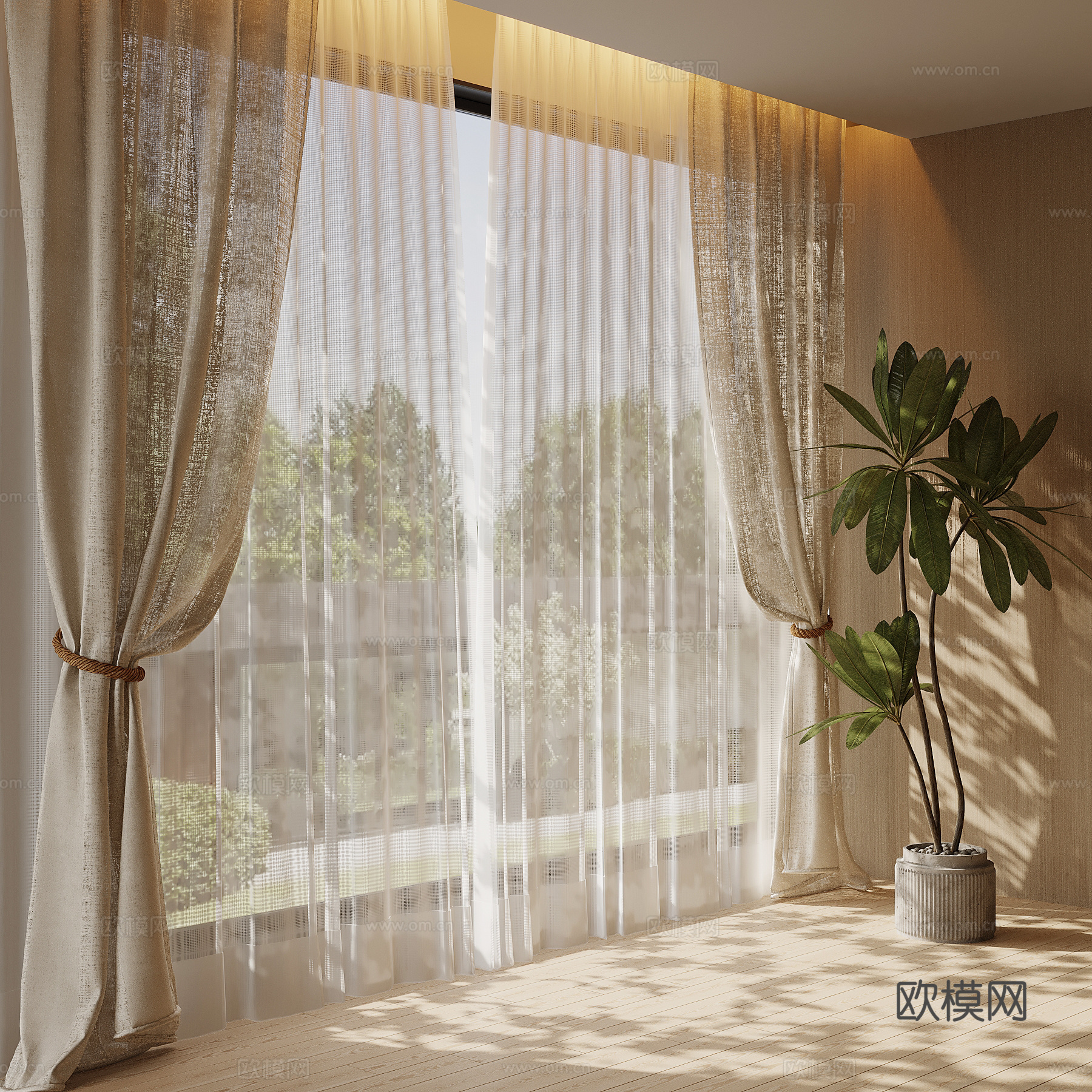现代奶油风窗帘 布帘 纱帘su模型