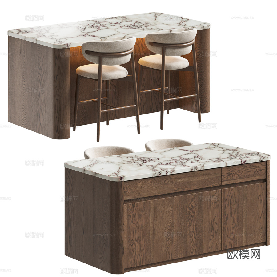 Ferrara半高吧凳与岛式餐桌3d模型下载