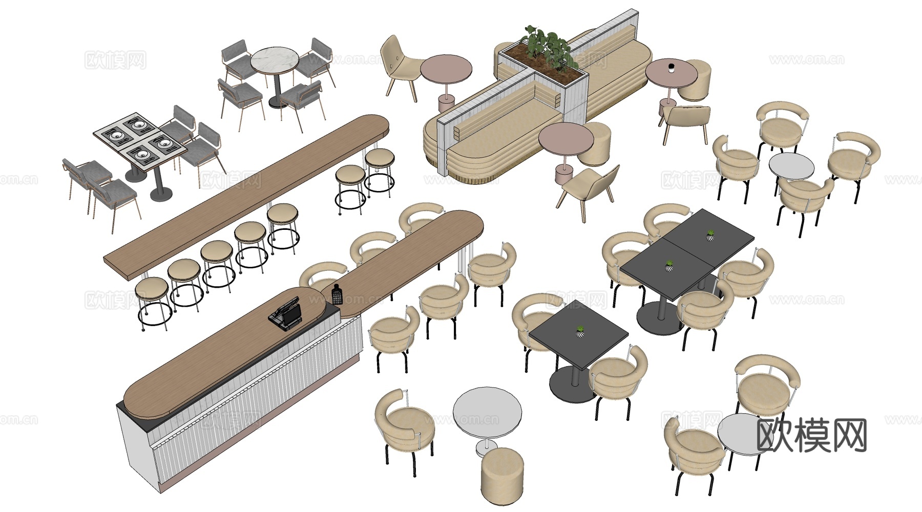 现代办公隔断 办公桌椅 长桌椅 会议桌椅su模型